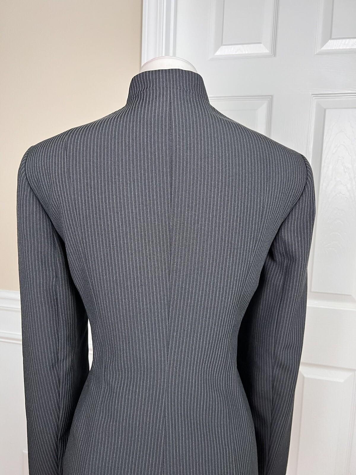 New EMILY 2PC Black Striped Polyester Viscose Stand Up Collar Pant Suit Size 8