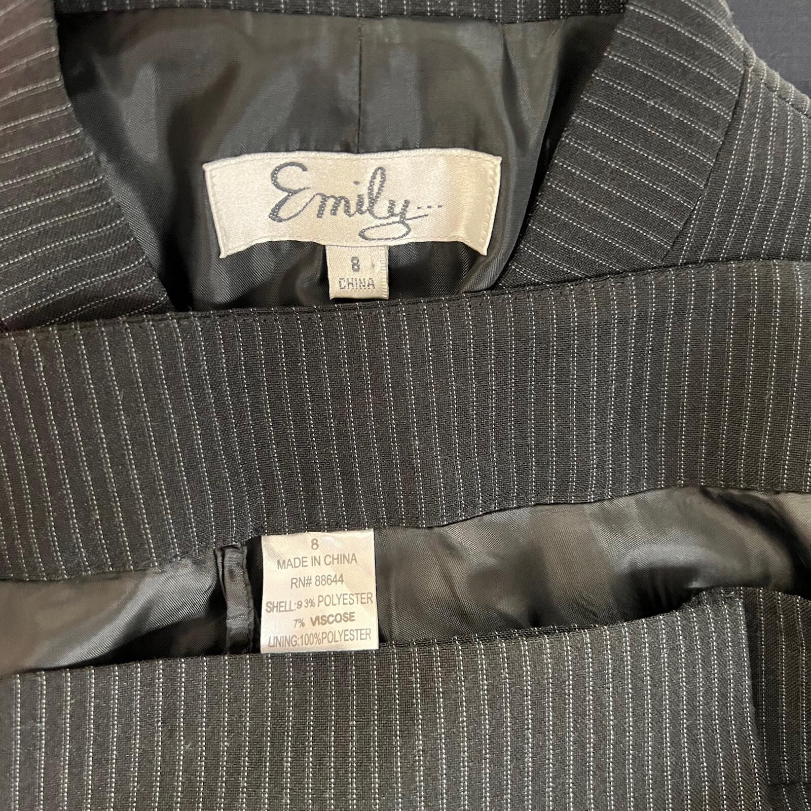 New EMILY 2PC Black Striped Polyester Viscose Stand Up Collar Pant Suit Size 8
