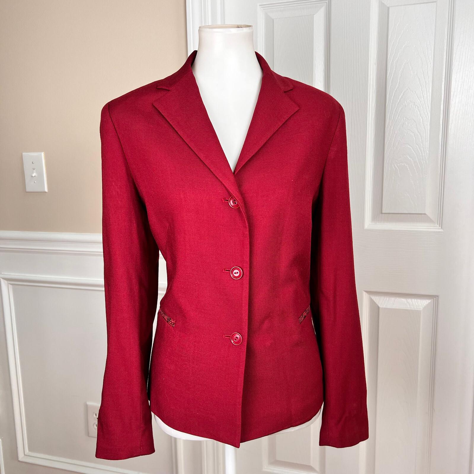 OSCAR DELLA RENTA Women Viscose Wool Stretch Lined Leather Trim Blazer Size 12