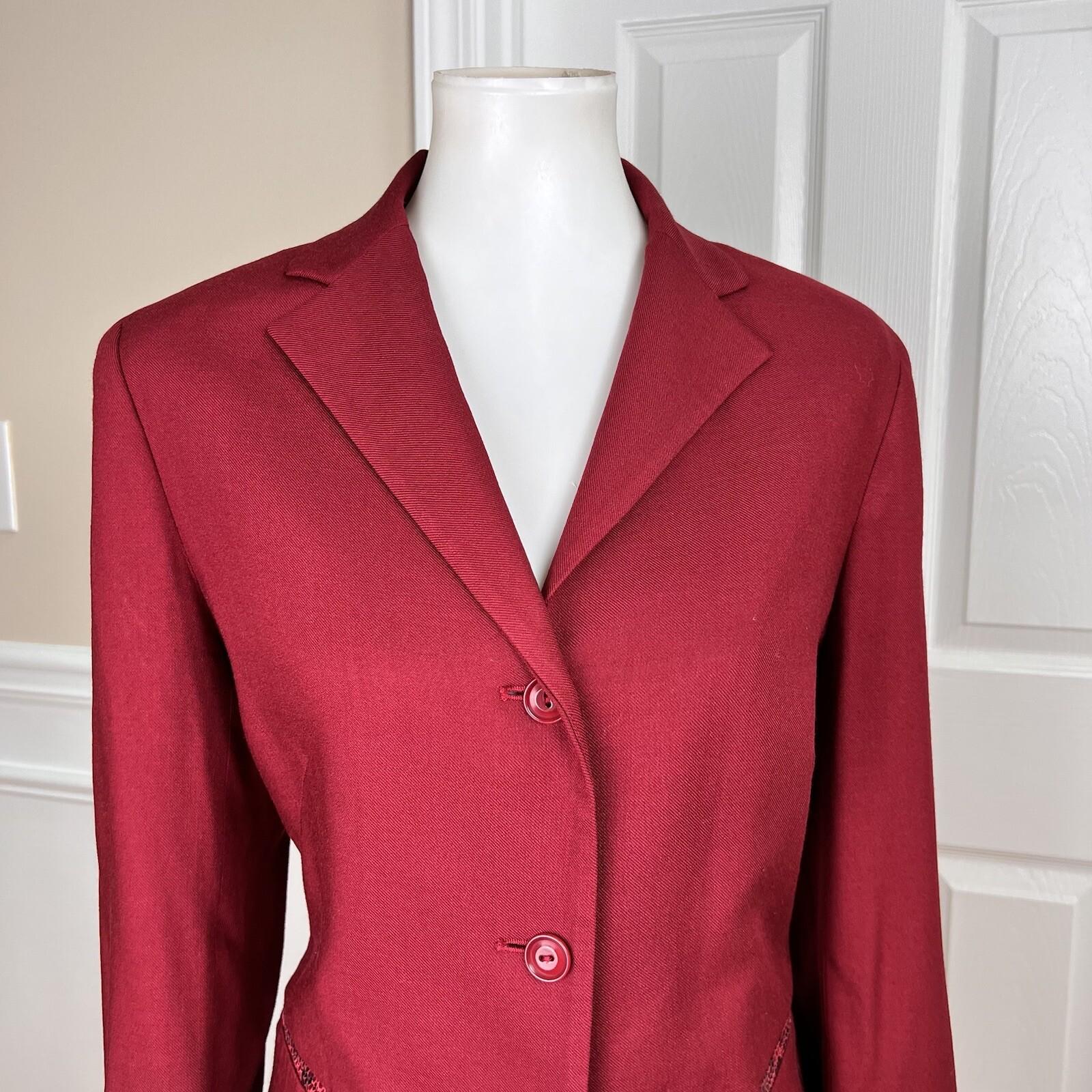 OSCAR DELLA RENTA Women Viscose Wool Stretch Lined Leather Trim Blazer Size 12