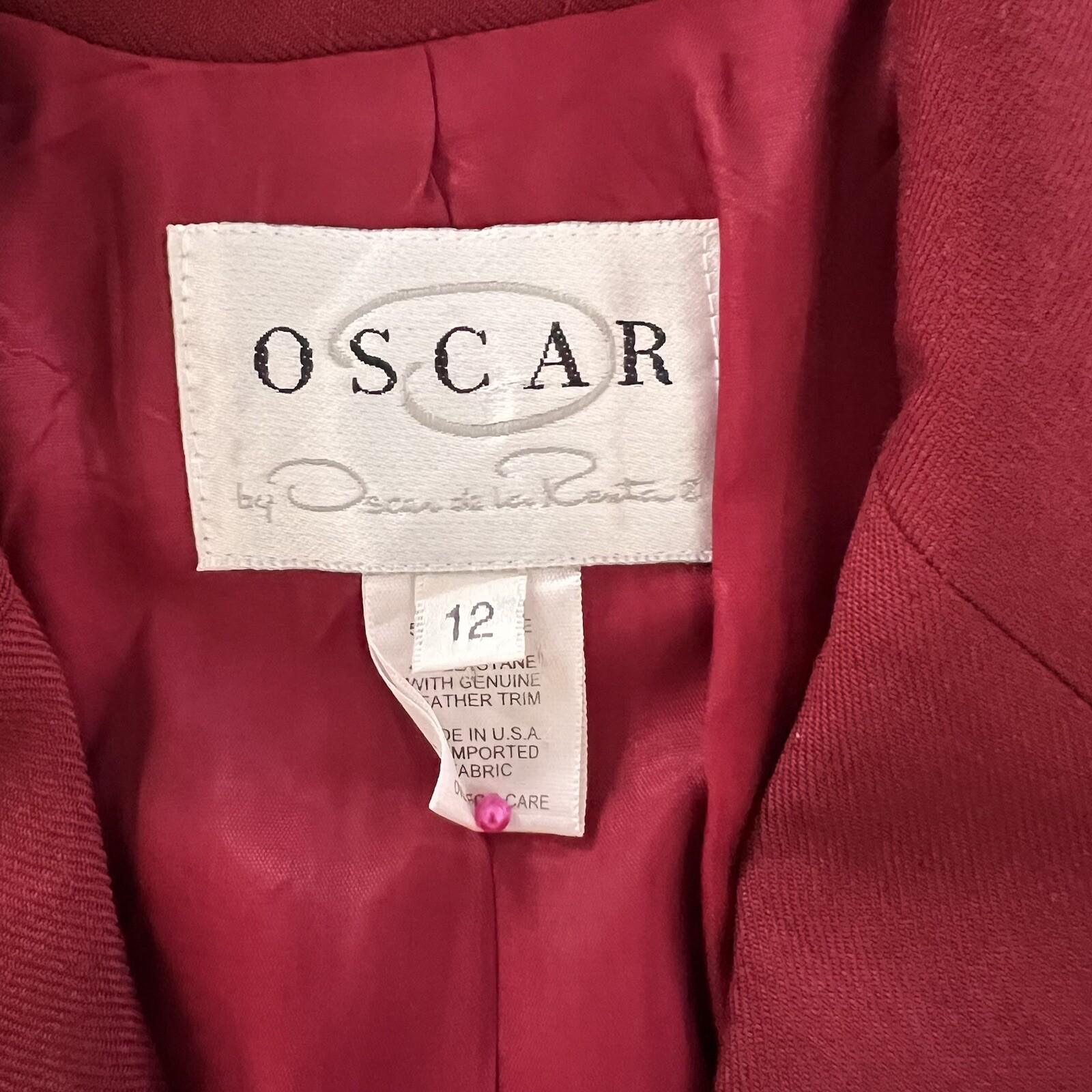OSCAR DELLA RENTA Women Viscose Wool Stretch Lined Leather Trim Blazer Size 12