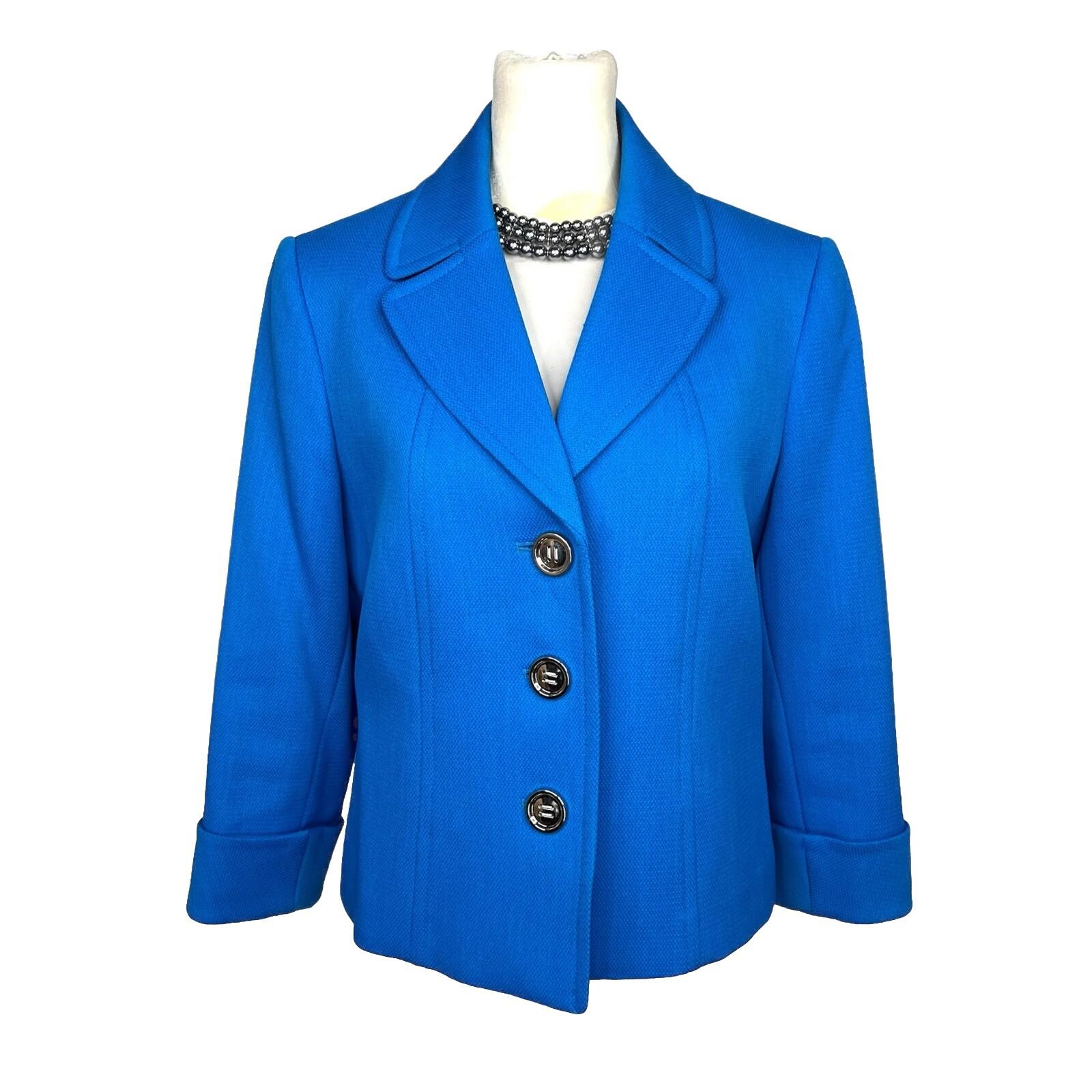 TAHARI ASL Polyester Spandex Blazer Size 8 Blue lined 3/4 Sleeves Notch Collar
