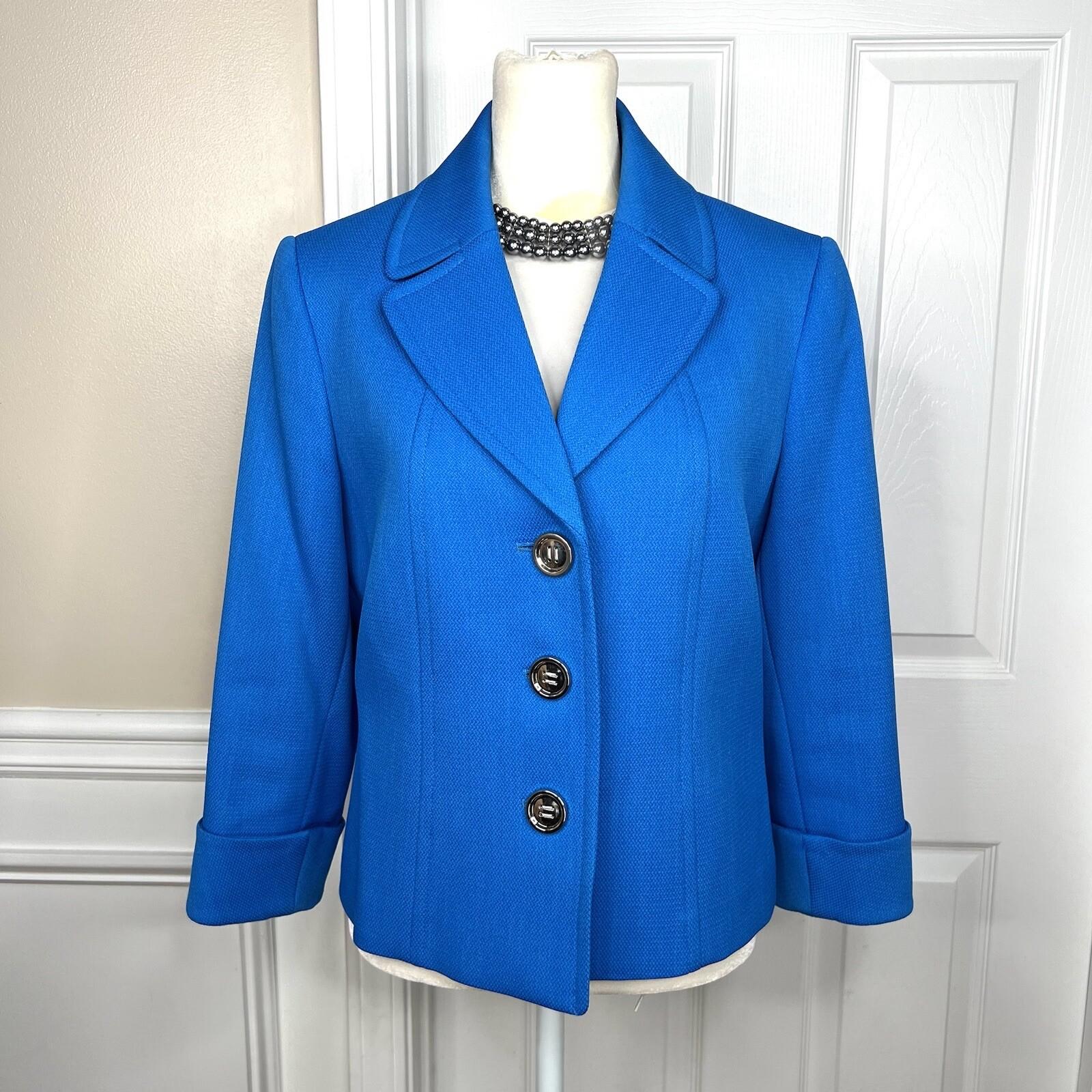 TAHARI ASL Polyester Spandex Blazer Size 8 Blue lined 3/4 Sleeves Notch Collar