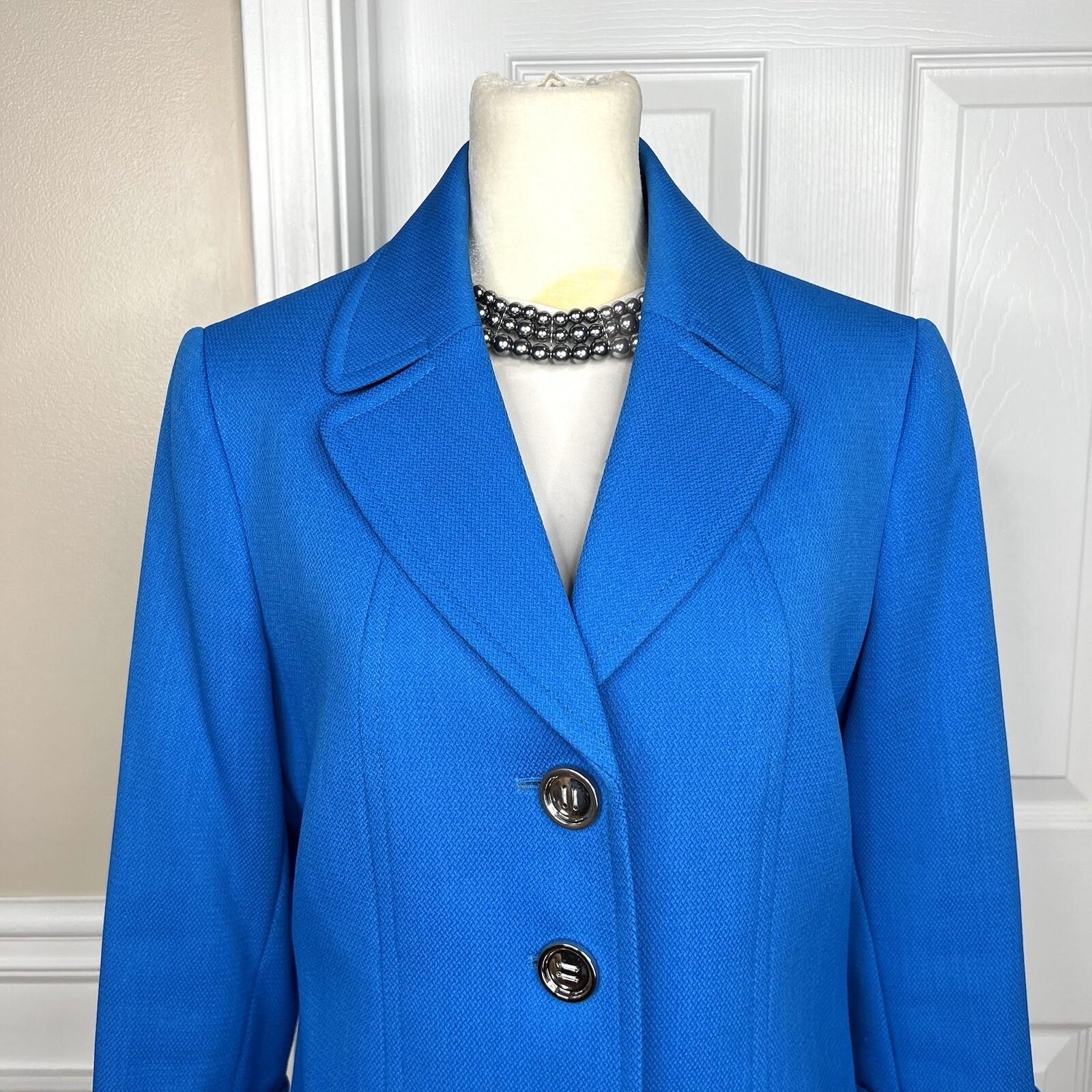 TAHARI ASL Polyester Spandex Blazer Size 8 Blue lined 3/4 Sleeves Notch Collar