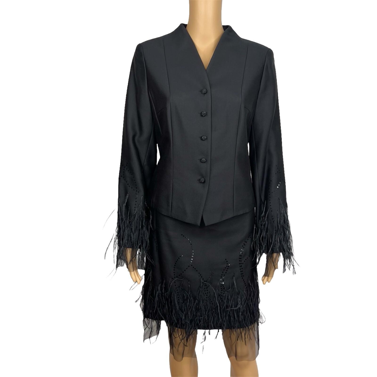 Rickie Freeman Teri Jon Silk Wool Skirt Suit 8 Sequin Feather Fringe  Lined 2PC