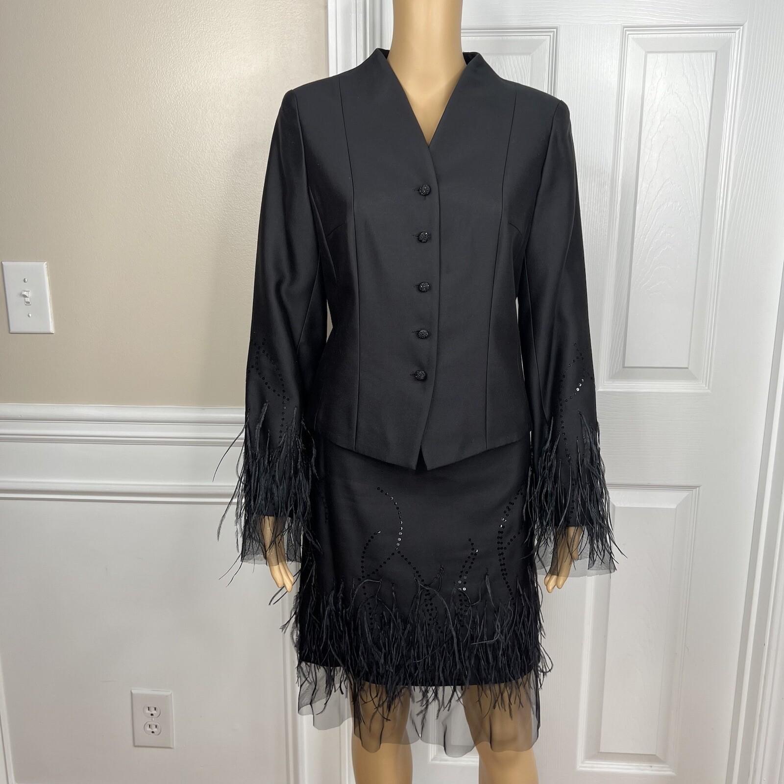 Rickie Freeman Teri Jon Silk Wool Skirt Suit 8 Sequin Feather Fringe  Lined 2PC