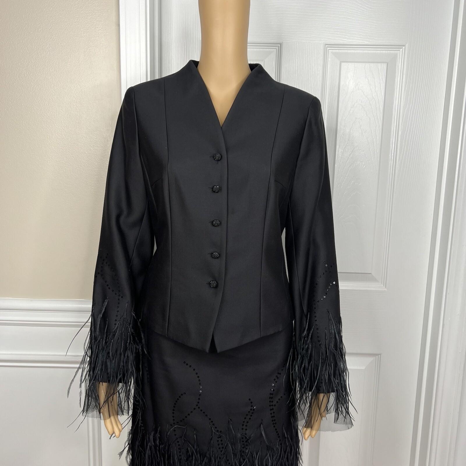 Rickie Freeman Teri Jon Silk Wool Skirt Suit 8 Sequin Feather Fringe  Lined 2PC