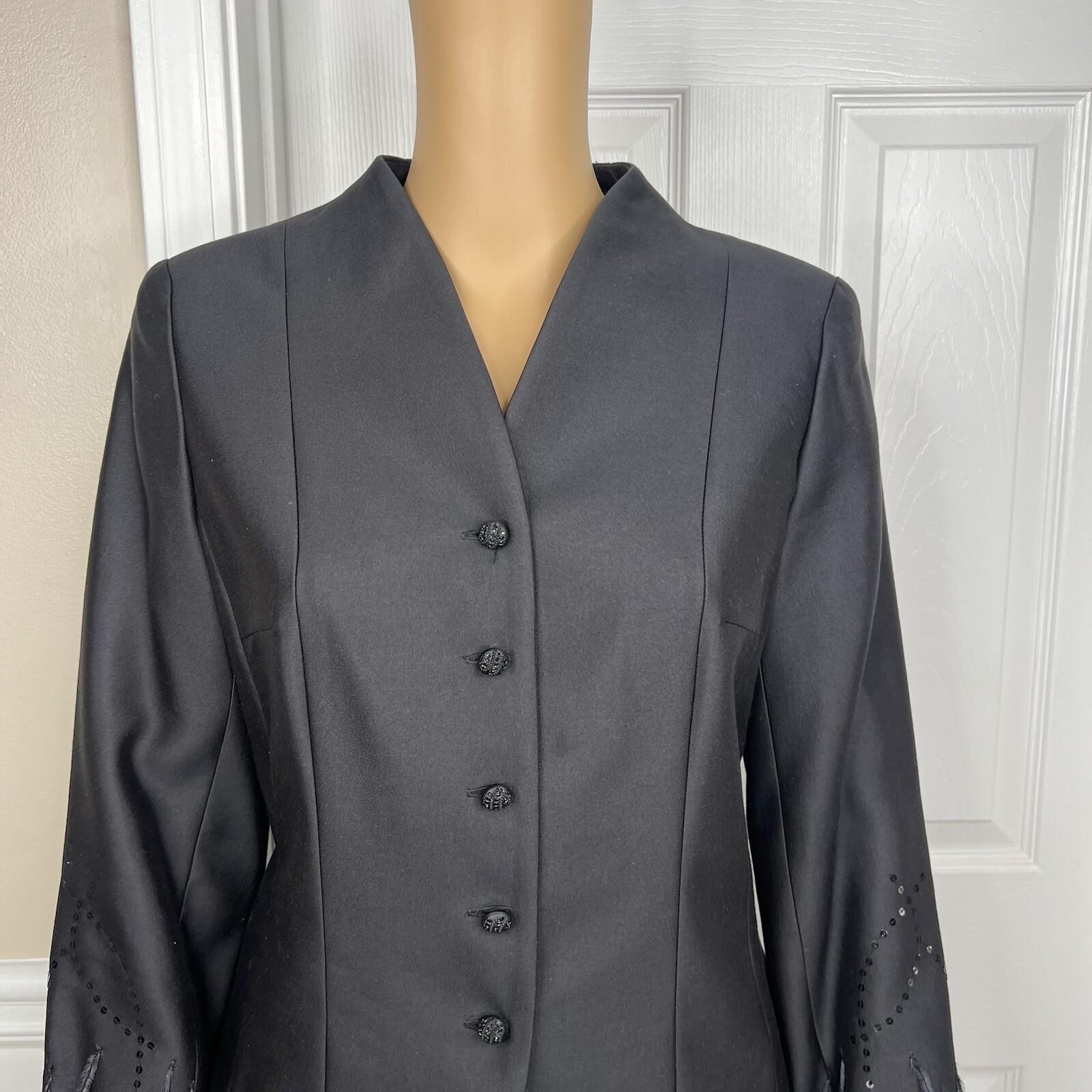 Rickie Freeman Teri Jon Silk Wool Skirt Suit 8 Sequin Feather Fringe  Lined 2PC