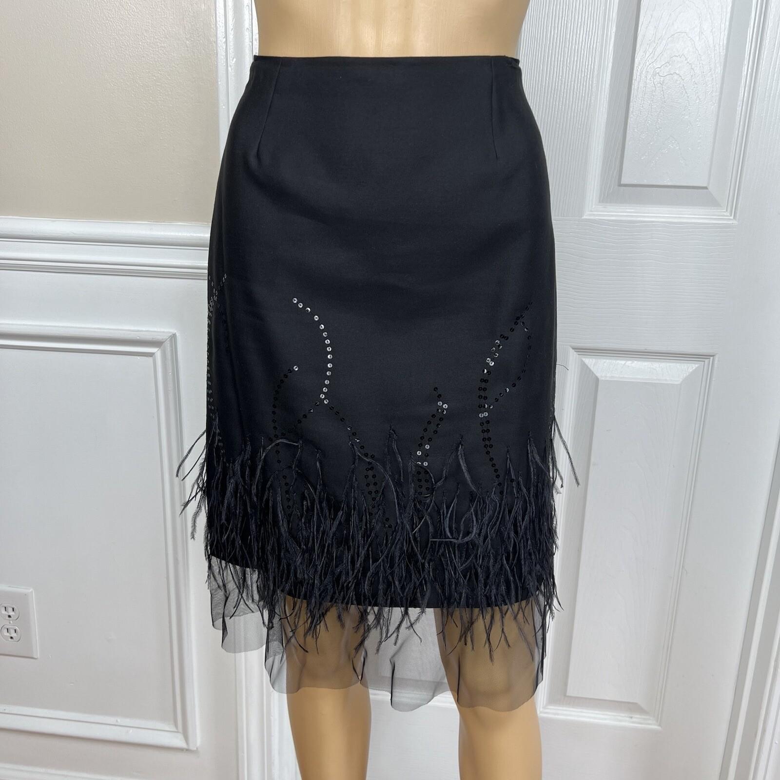 Rickie Freeman Teri Jon Silk Wool Skirt Suit 8 Sequin Feather Fringe  Lined 2PC