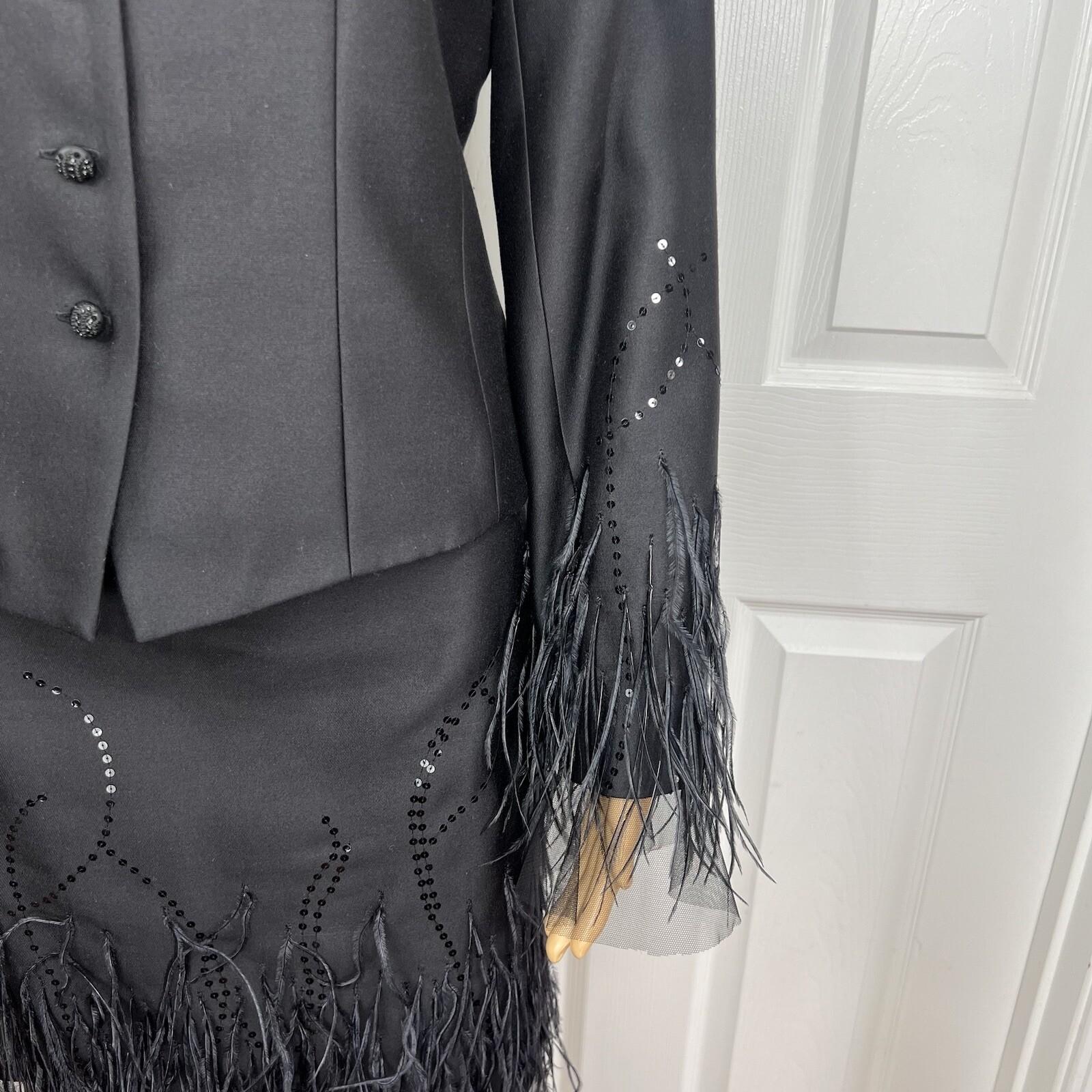 Rickie Freeman Teri Jon Silk Wool Skirt Suit 8 Sequin Feather Fringe  Lined 2PC
