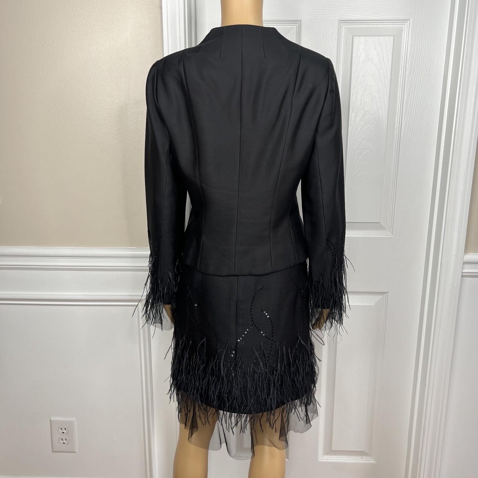 Rickie Freeman Teri Jon Silk Wool Skirt Suit 8 Sequin Feather Fringe  Lined 2PC
