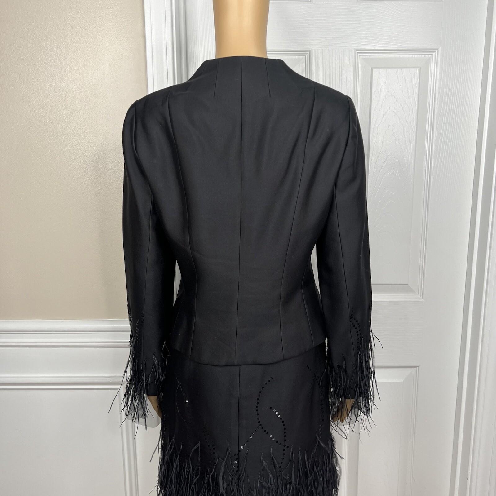 Rickie Freeman Teri Jon Silk Wool Skirt Suit 8 Sequin Feather Fringe  Lined 2PC