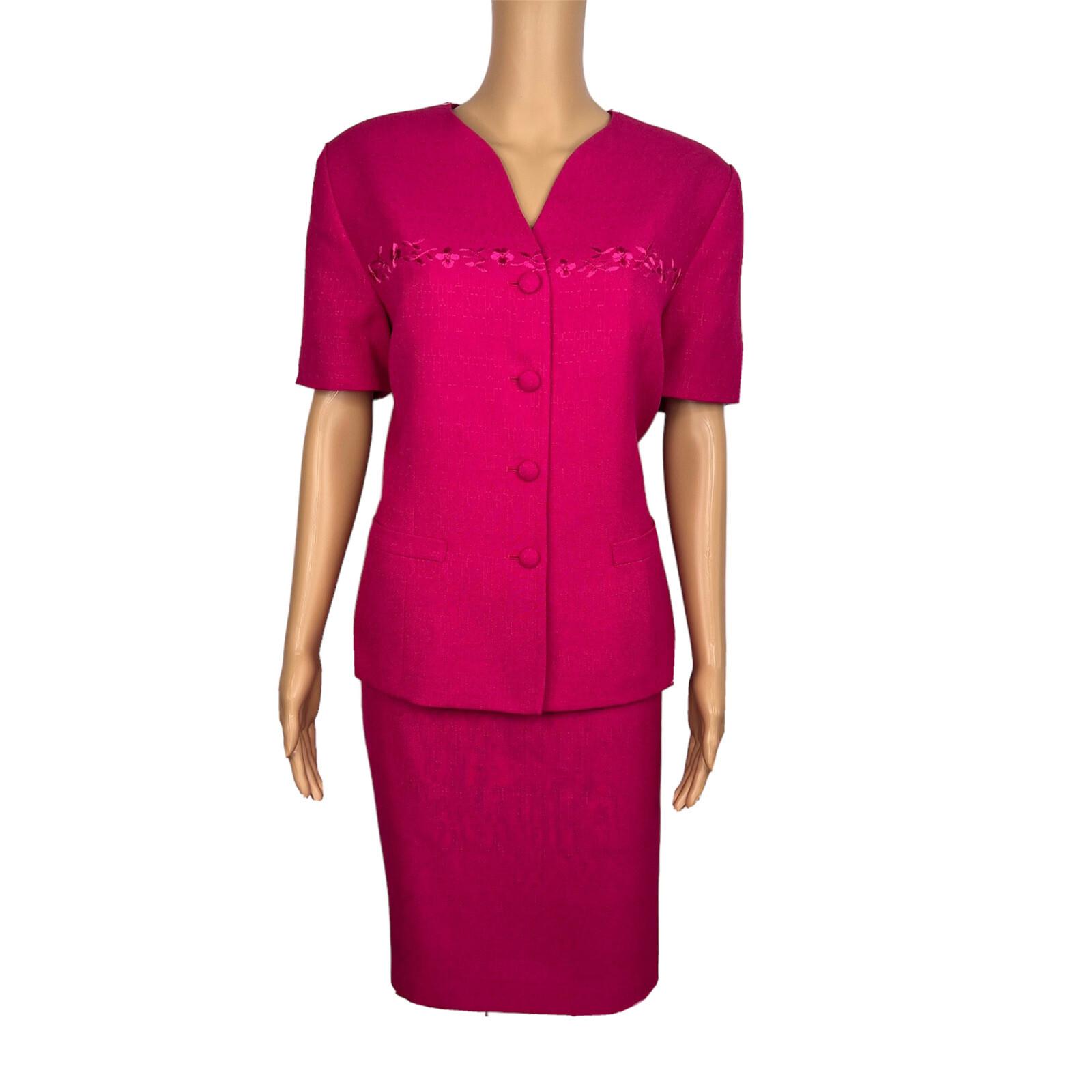 Kasper ASL Viscose Blend Skirt Suit 12 Pink Embroidered Lined Short Sleeve 2PC