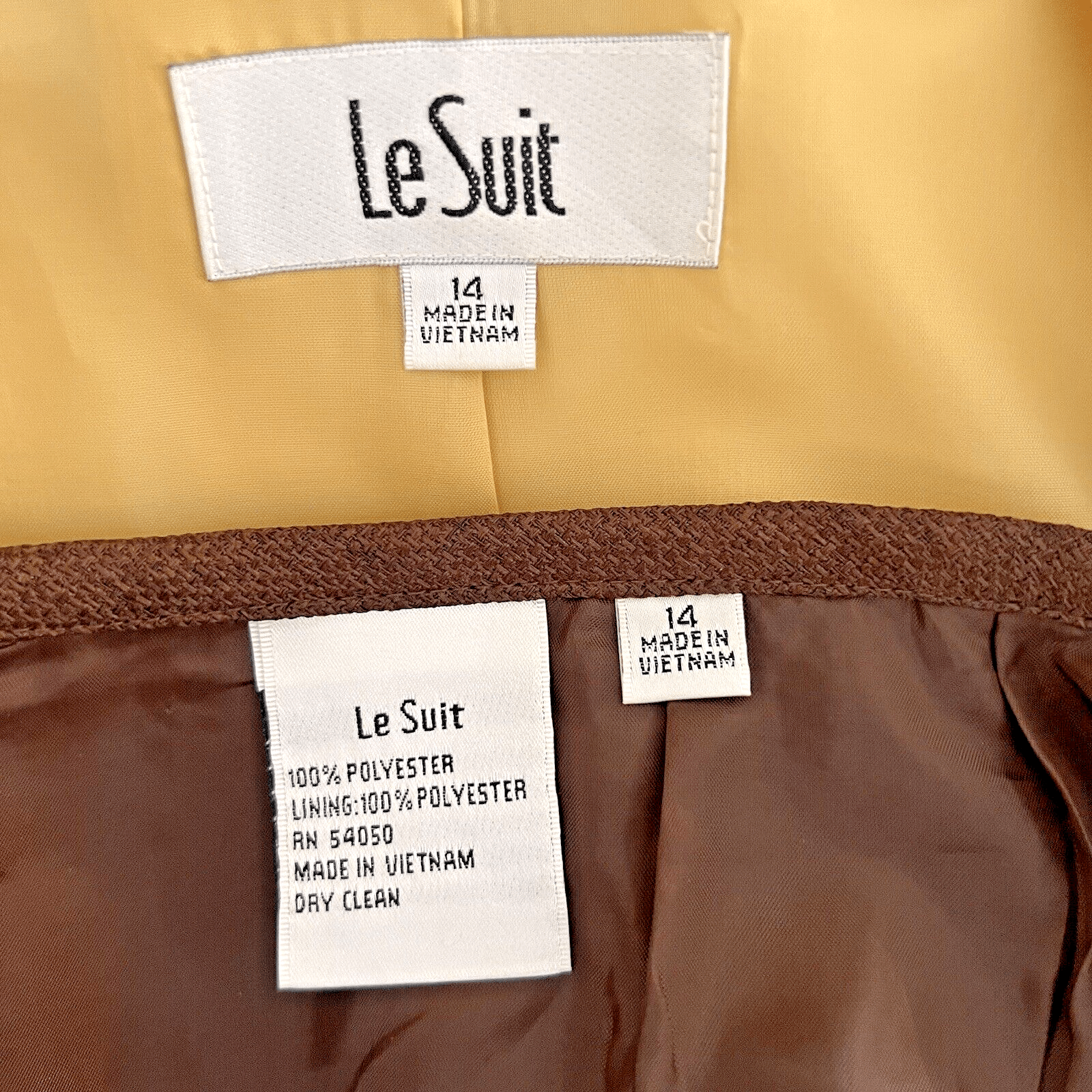 Le Suit Polyester Skirt Suit 14 Yellow Brown Double Breasted Wide Collar 2PC