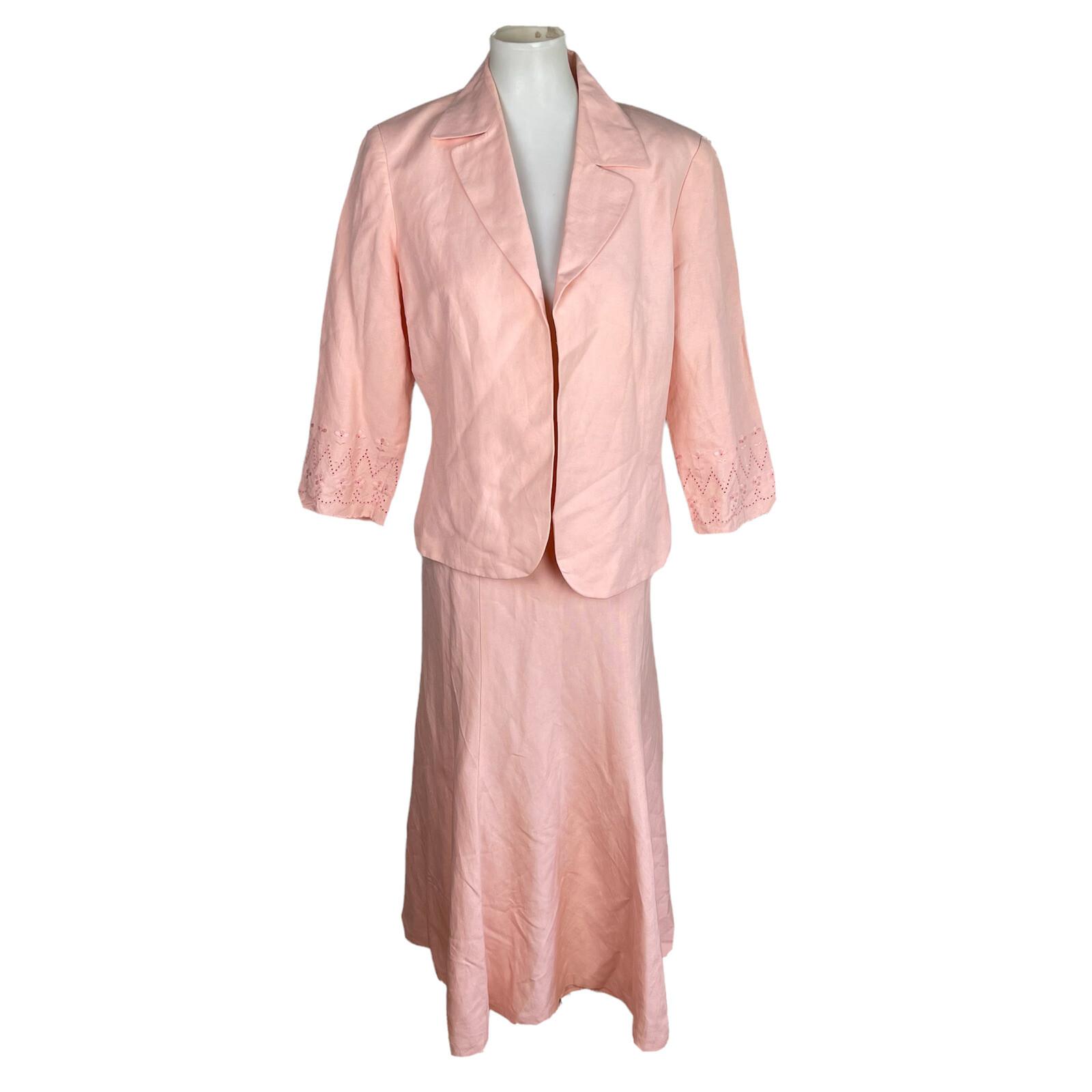 KASPER Rose Pink Linen Rayon Open Front Embroidered Skirt (Sz 10) Suit (Sz 12)