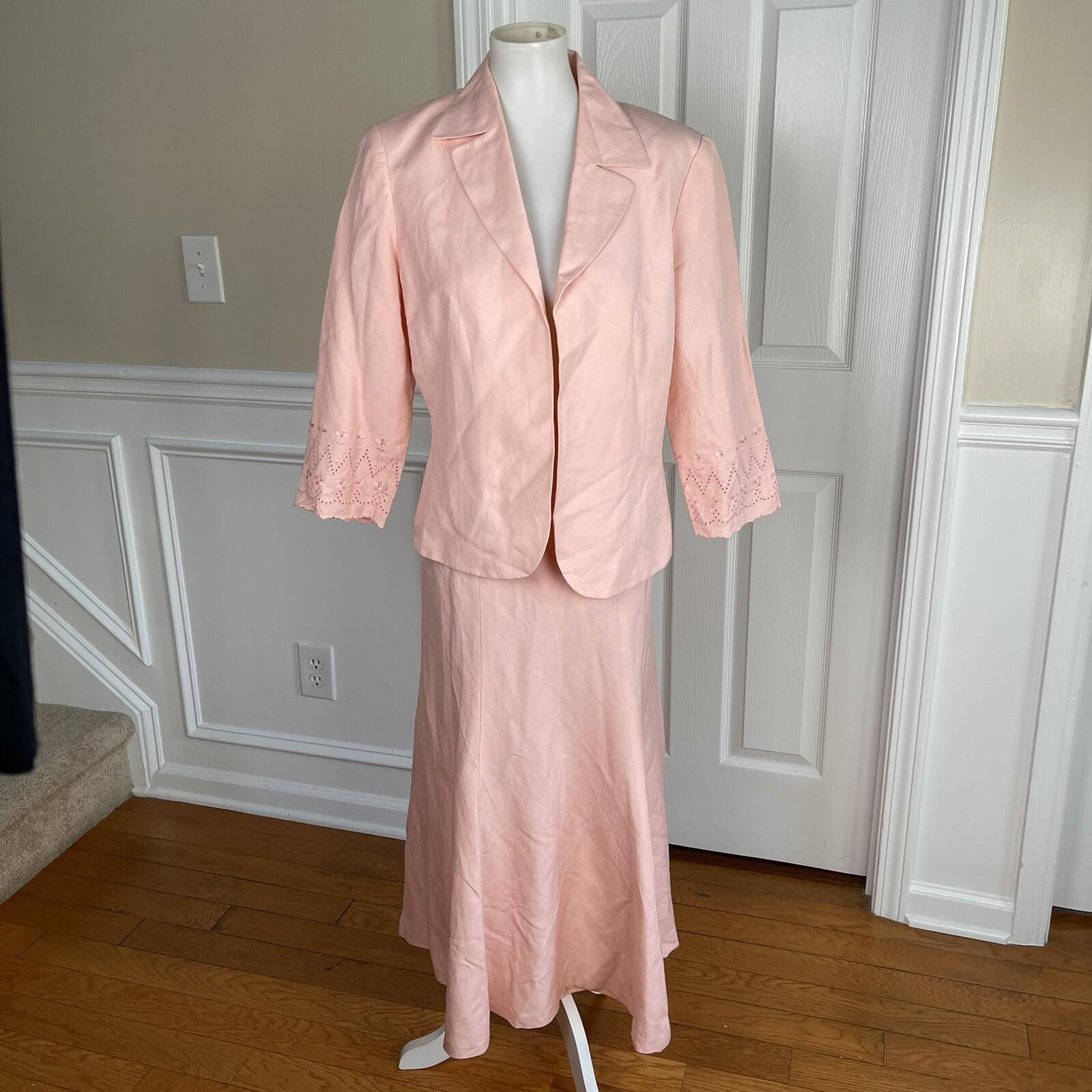 KASPER Rose Pink Linen Rayon Open Front Embroidered Skirt (Sz 10) Suit (Sz 12)