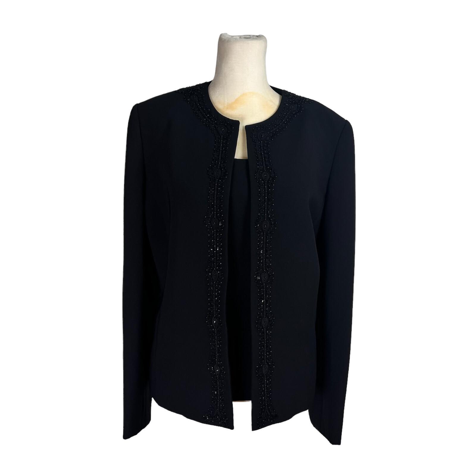 10-3770.jpg KASPER 2PC Black Beaded Polyester Lined Open Front Blazer Top Set Size 10