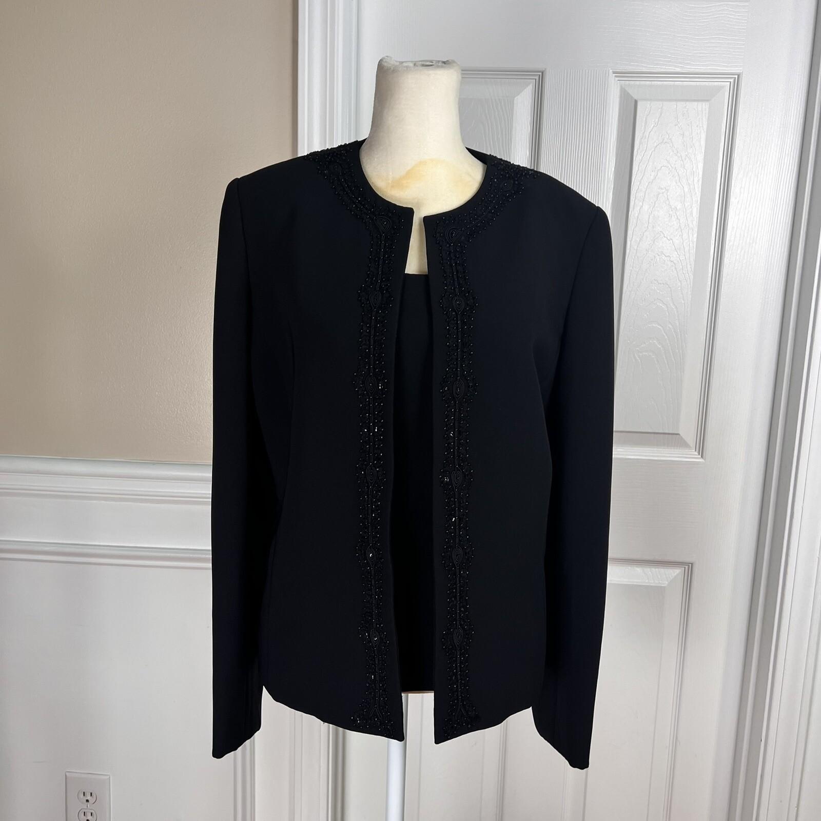 10-3771.jpg KASPER 2PC Black Beaded Polyester Lined Open Front Blazer Top Set Size 10
