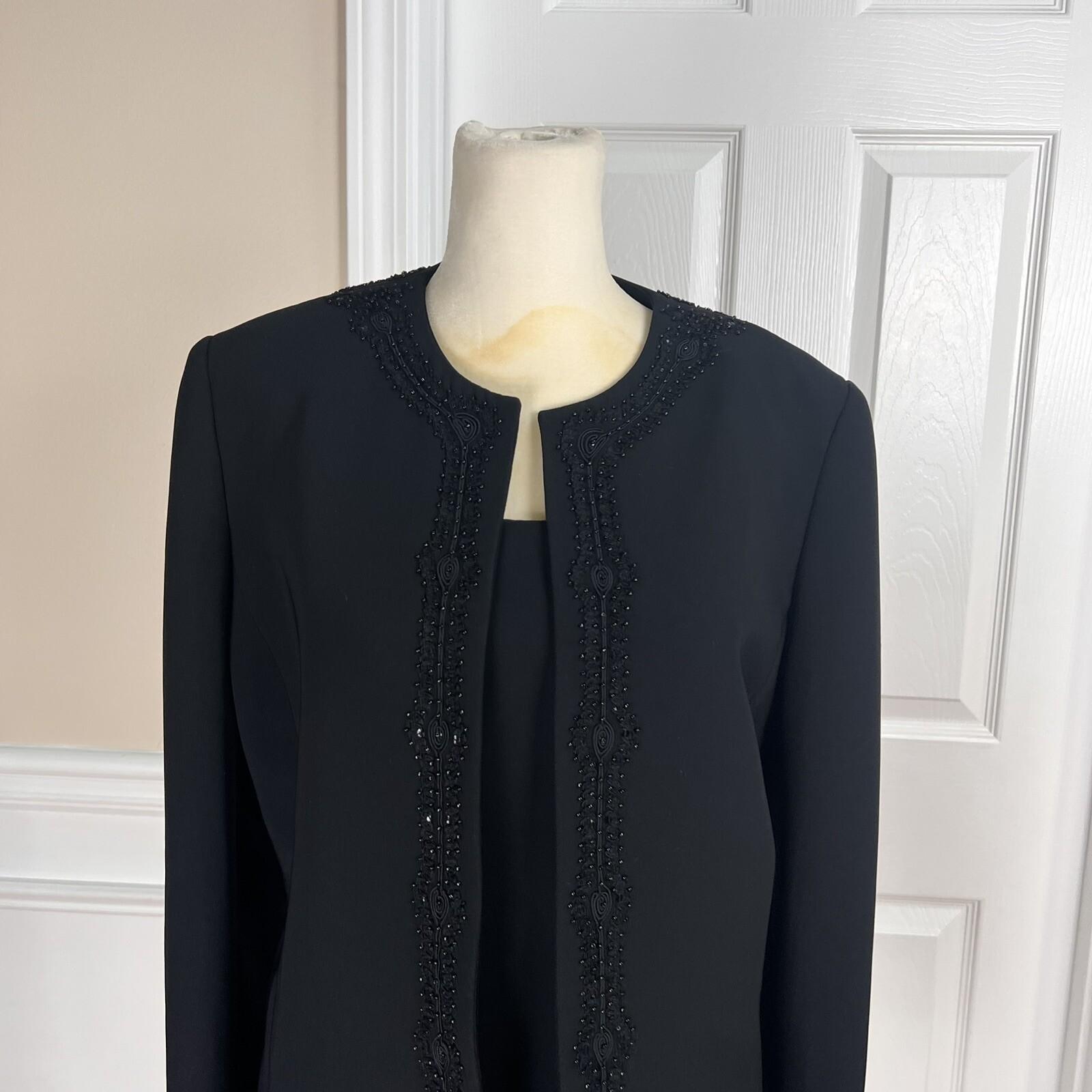 10-3772.jpg KASPER 2PC Black Beaded Polyester Lined Open Front Blazer Top Set Size 10