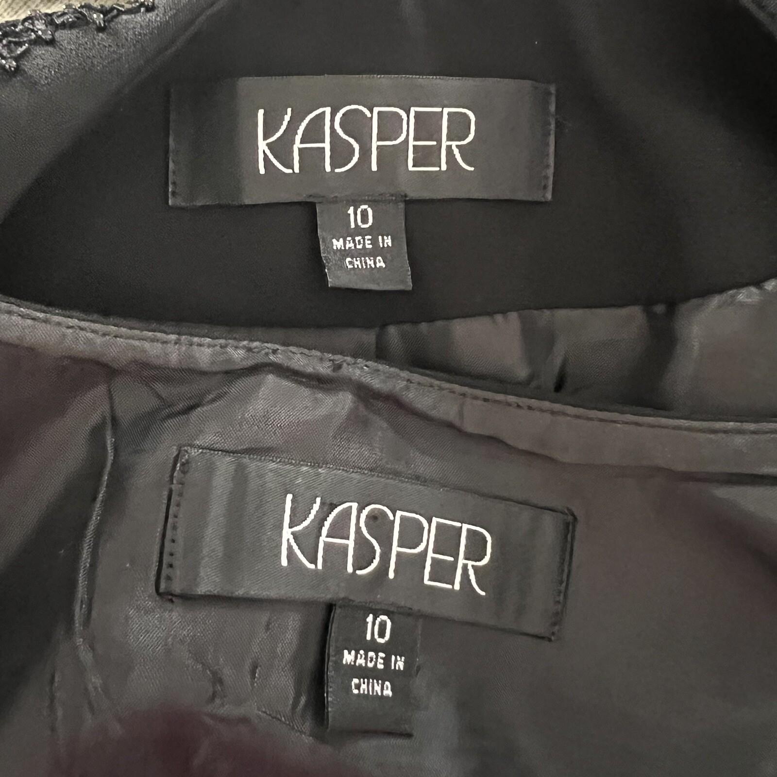 10-3775.jpg KASPER 2PC Black Beaded Polyester Lined Open Front Blazer Top Set Size 10