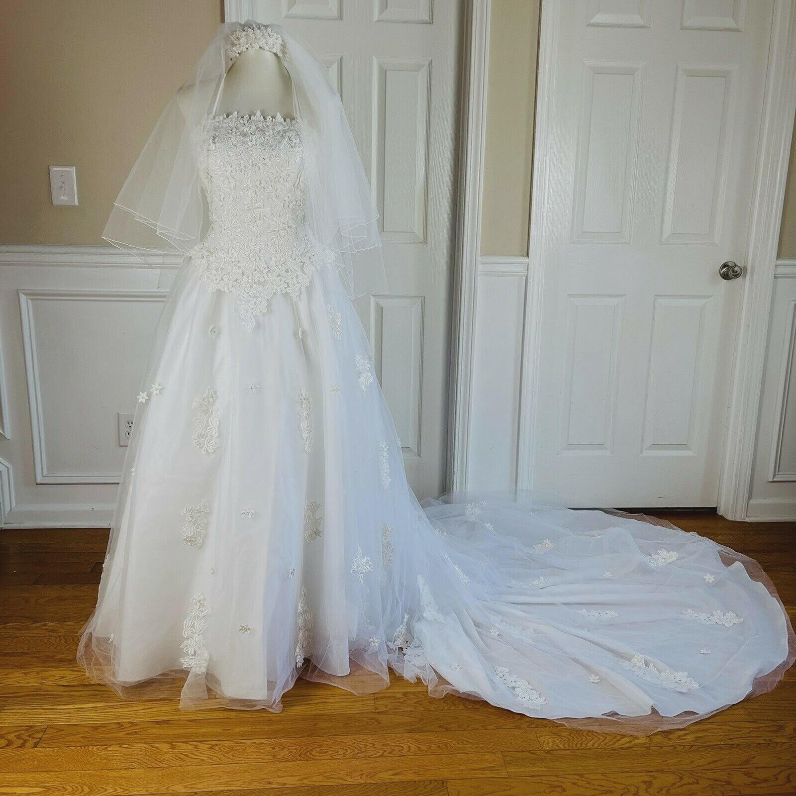 EXPRESSION White Beaded Satin Lace Embroidered Dress & Veil With Tiara Size 6