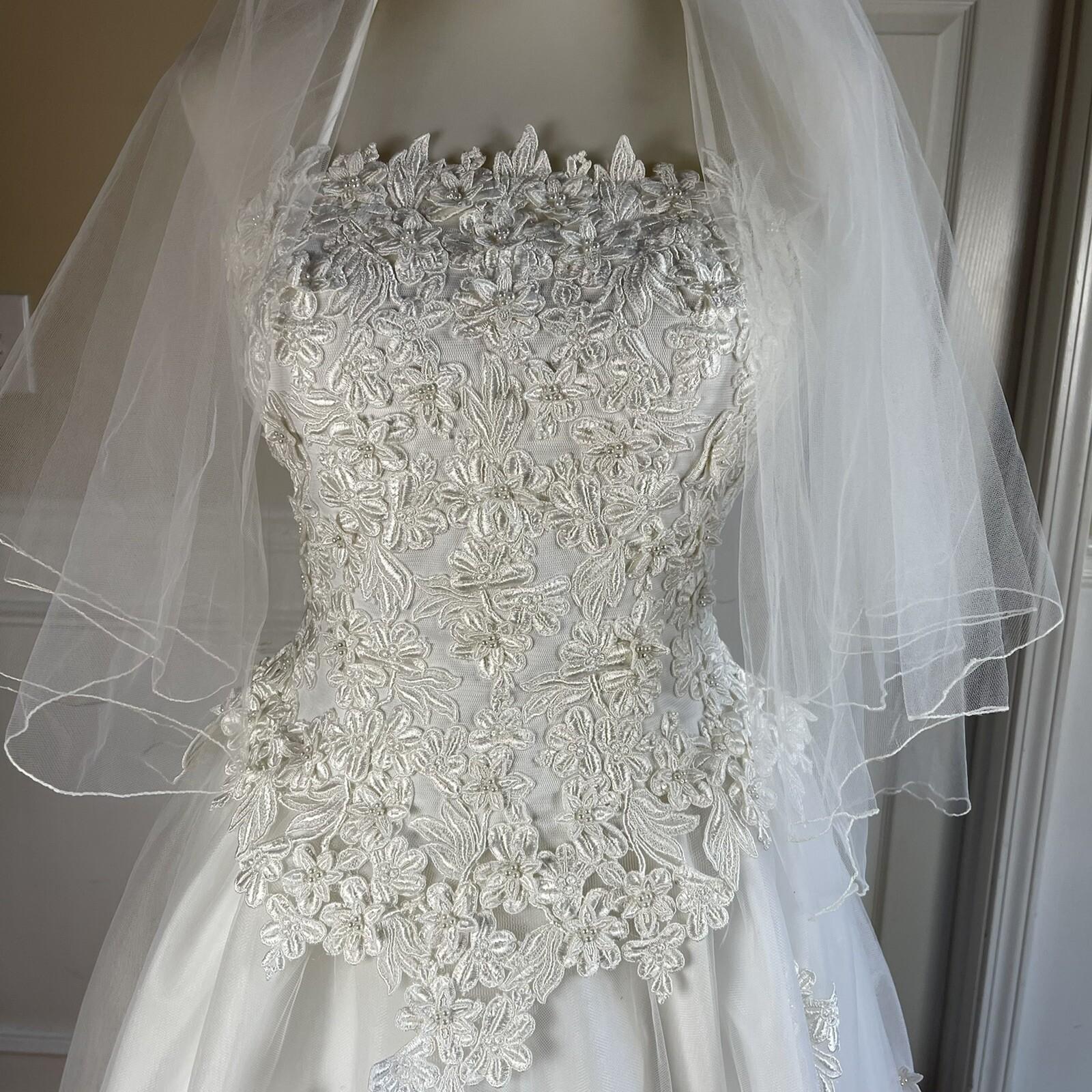 EXPRESSION White Beaded Satin Lace Embroidered Dress & Veil With Tiara Size 6