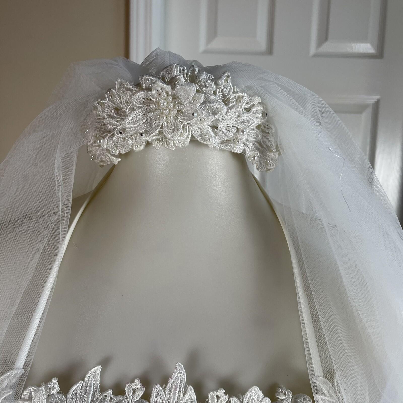 EXPRESSION White Beaded Satin Lace Embroidered Dress & Veil With Tiara Size 6