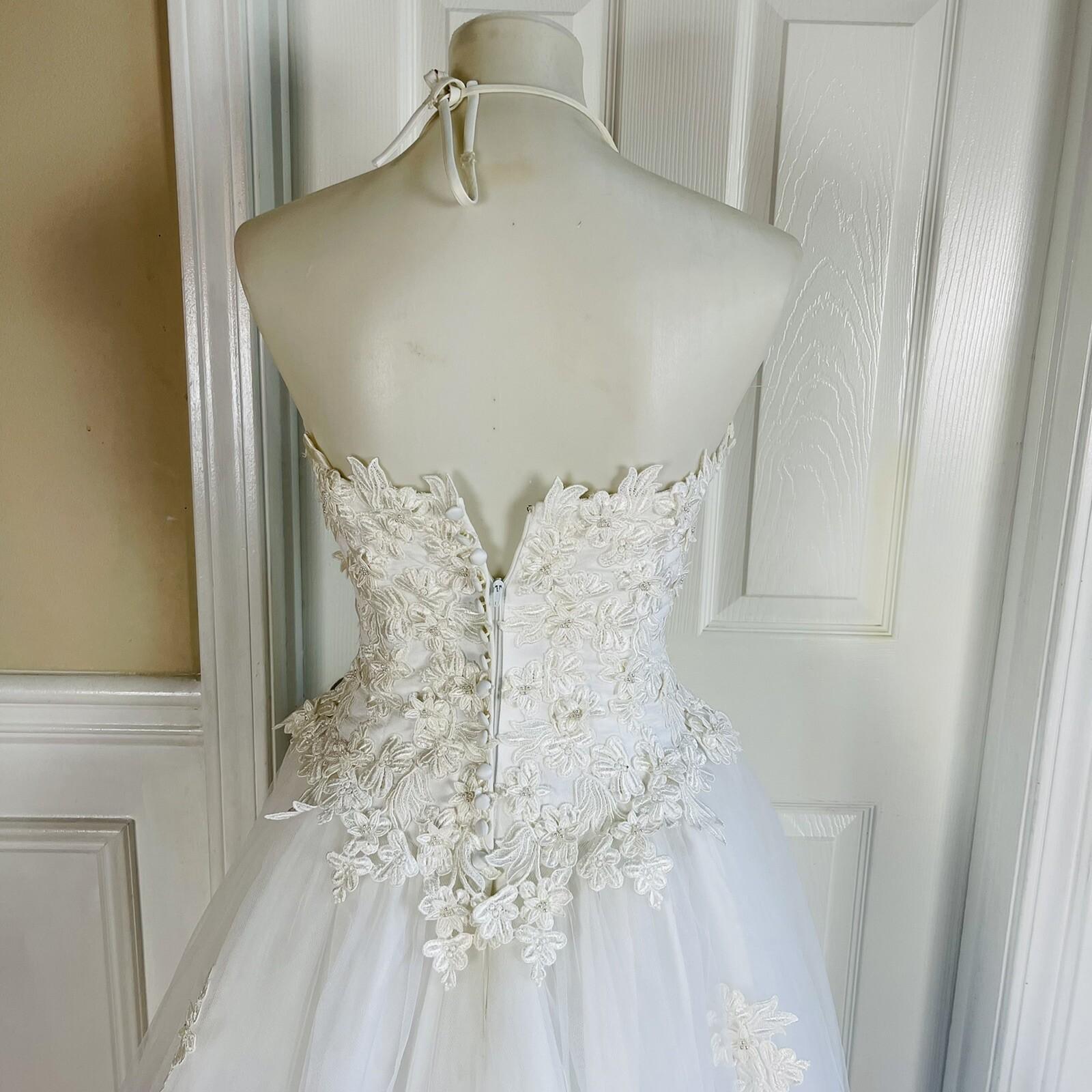 EXPRESSION White Beaded Satin Lace Embroidered Dress & Veil With Tiara Size 6