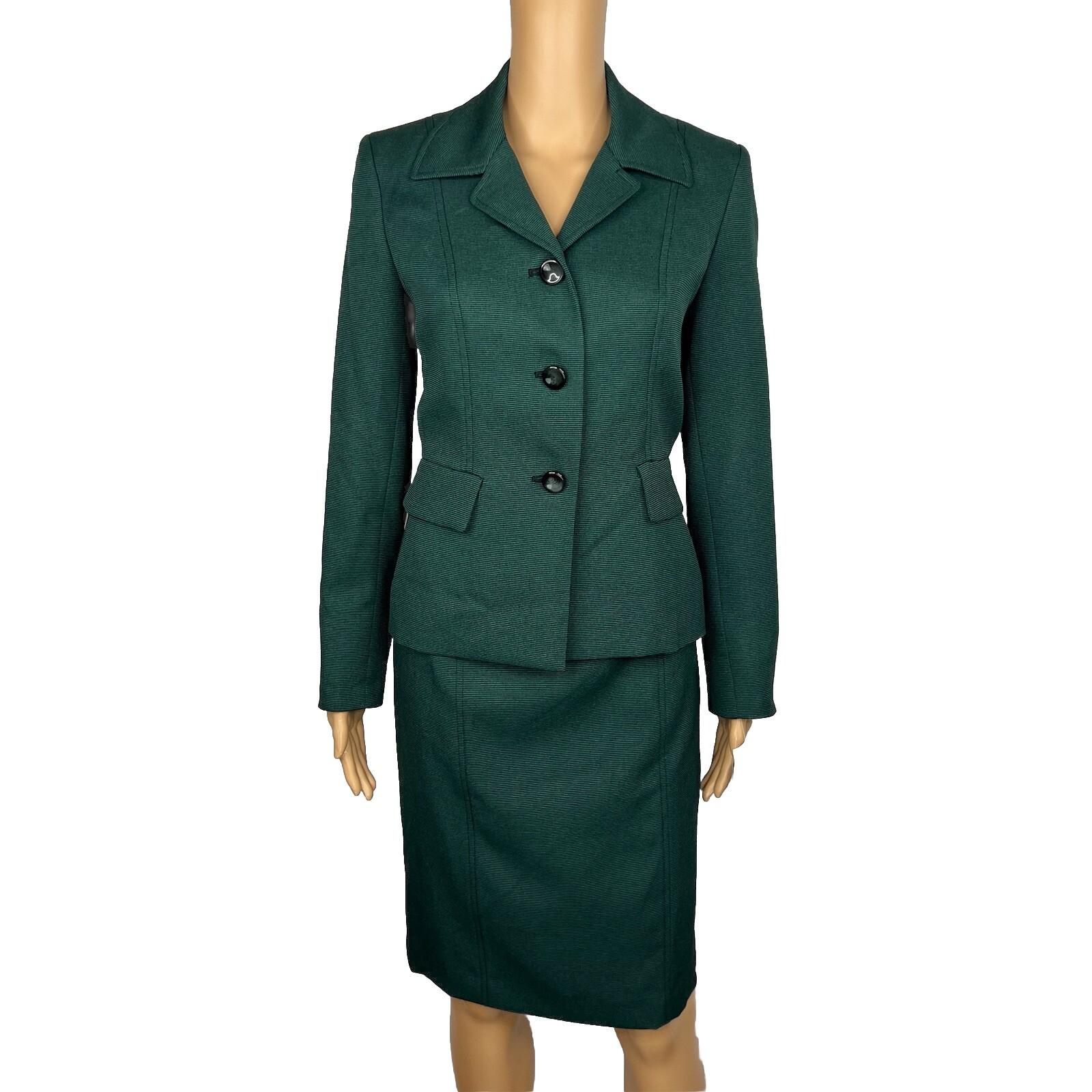 Evan Picone Career Skirt Suit 4 Emerald Green Faux Pockets Peak Collar 2PC New