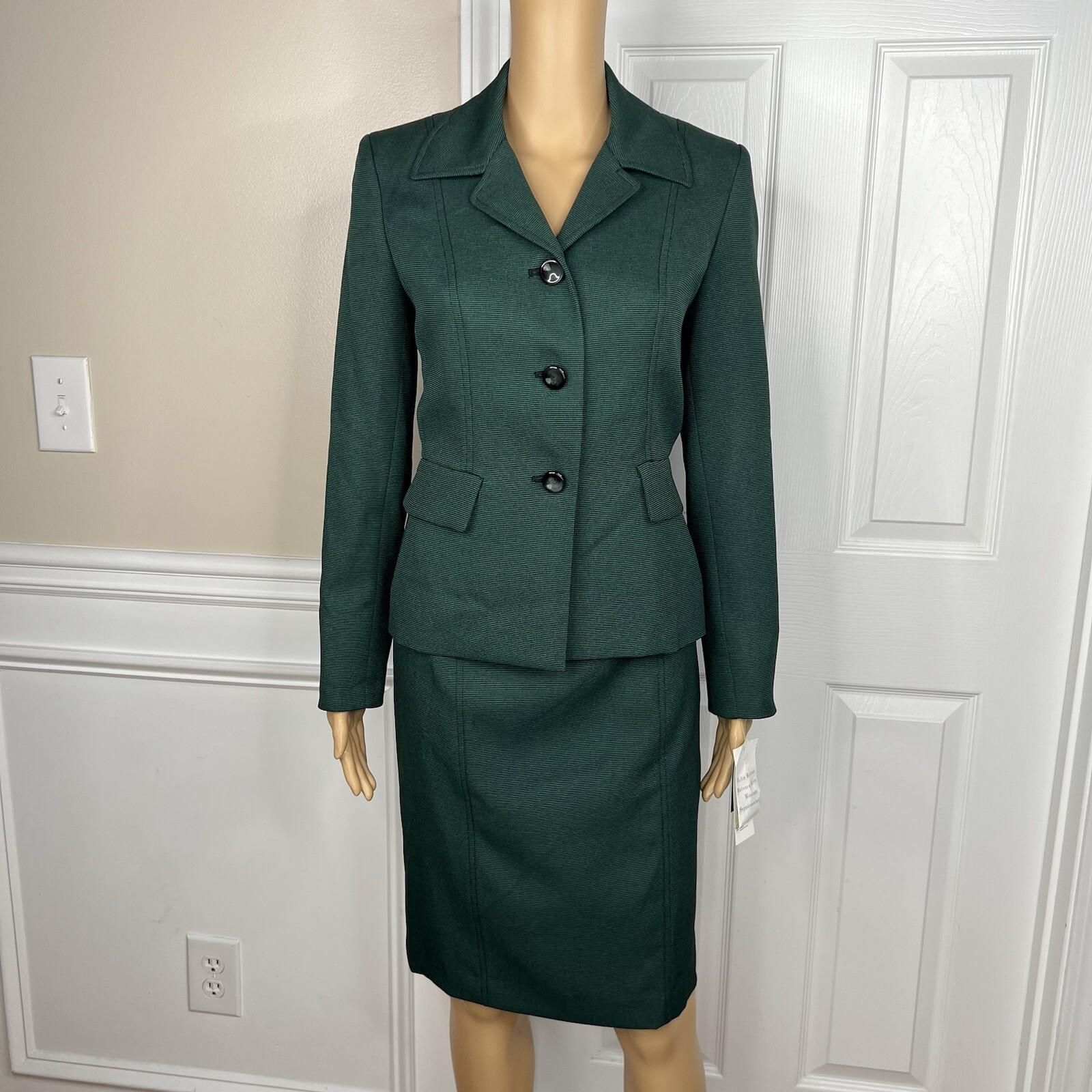 Evan Picone Career Skirt Suit 4 Emerald Green Faux Pockets Peak Collar 2PC New
