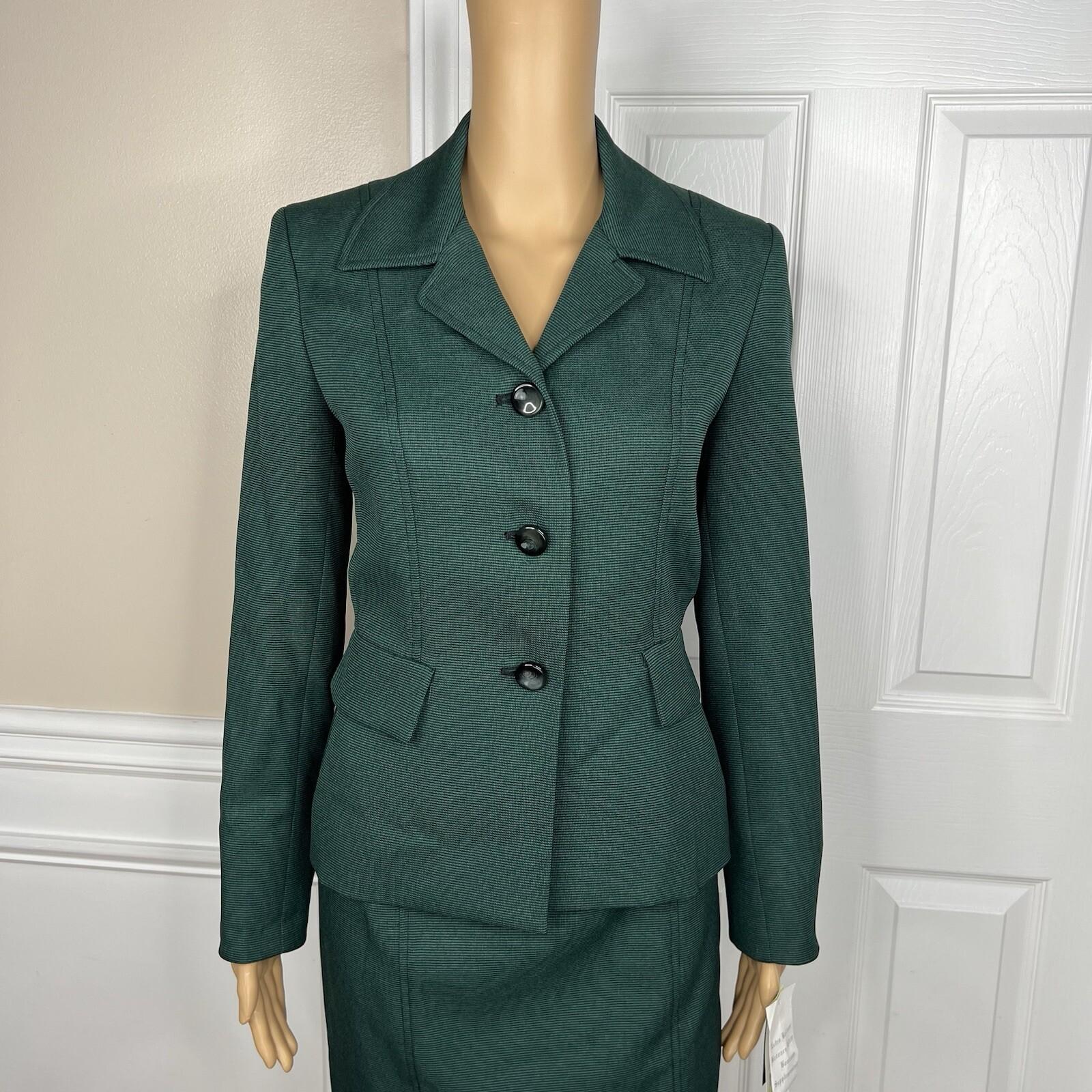 Evan Picone Career Skirt Suit 4 Emerald Green Faux Pockets Peak Collar 2PC New