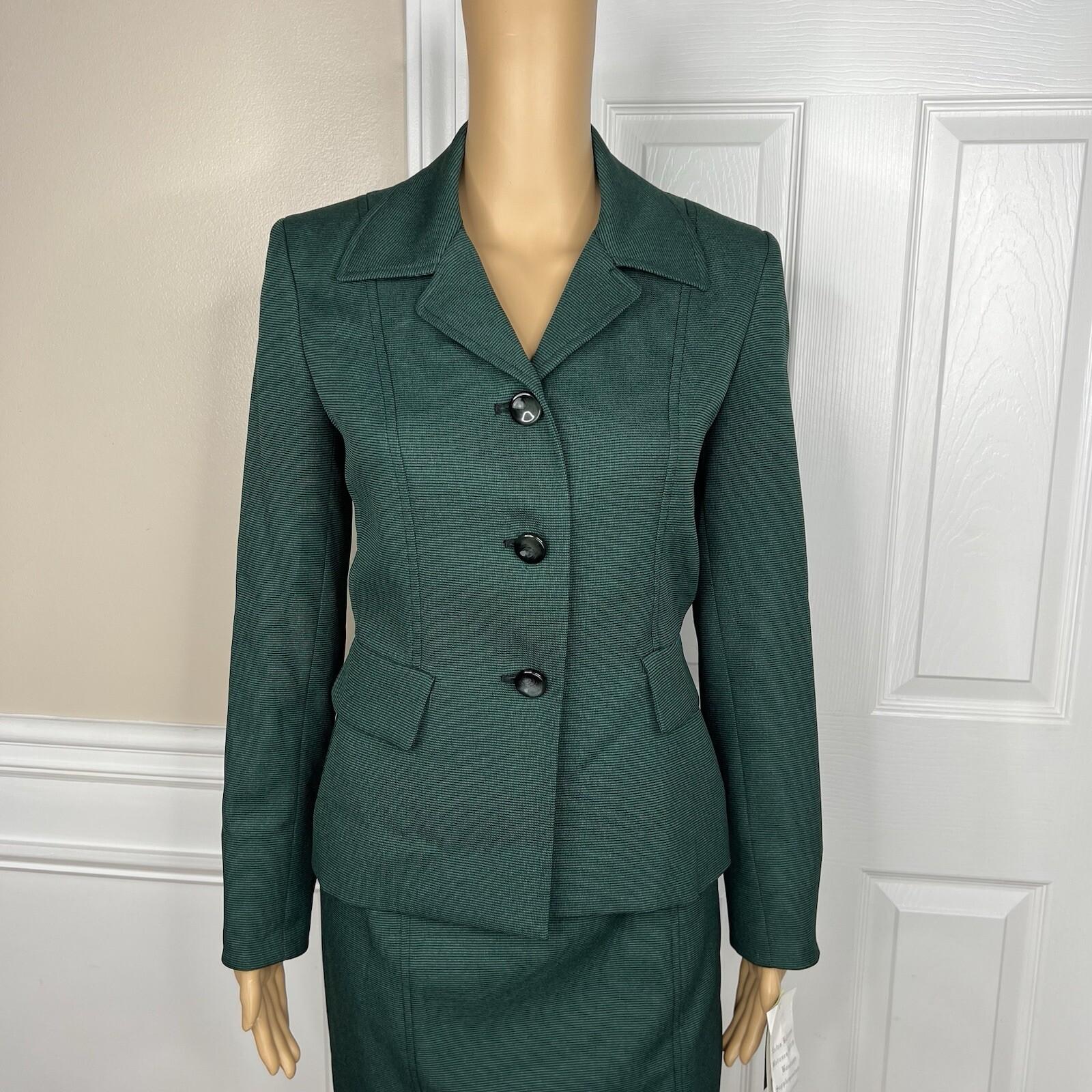 Evan Picone Career Skirt Suit 4 Emerald Green Faux Pockets Peak Collar 2PC New
