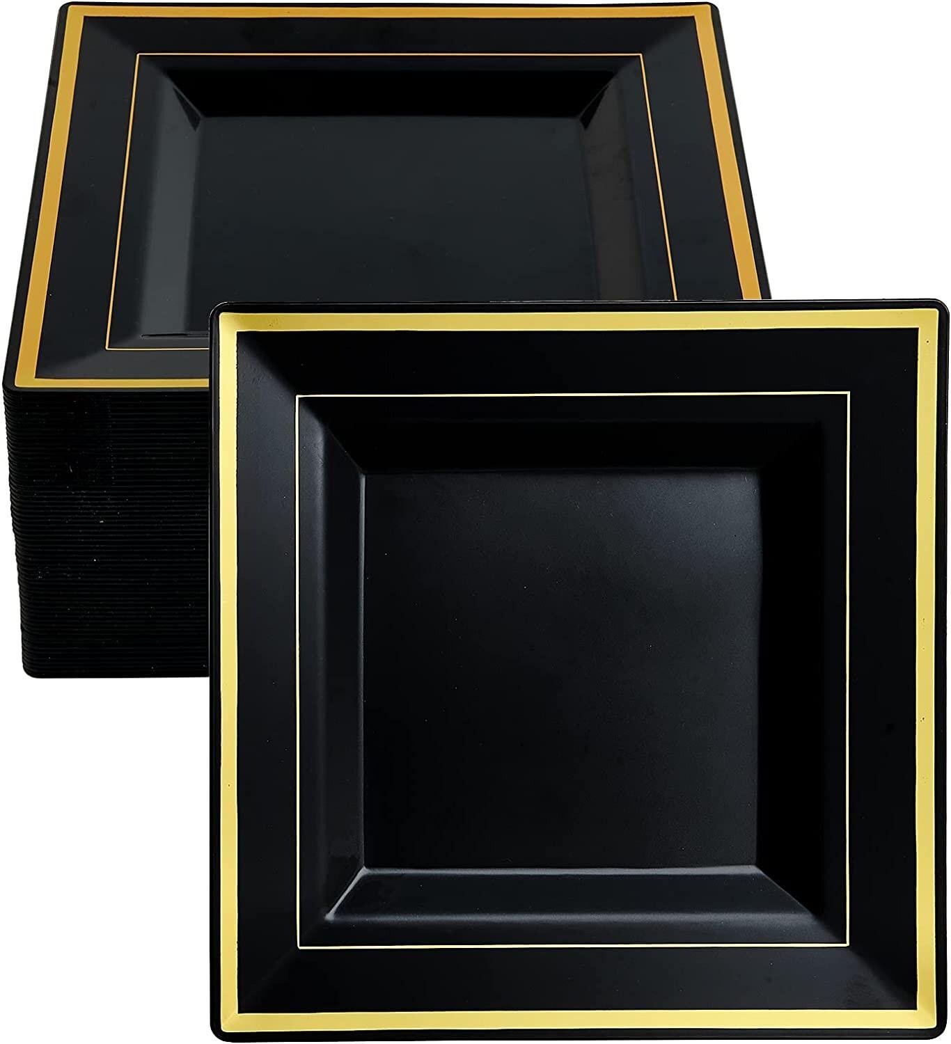 SQUARE Black Gold Rim Disposable Plastic Dinner Party Plates Size 10" For 50