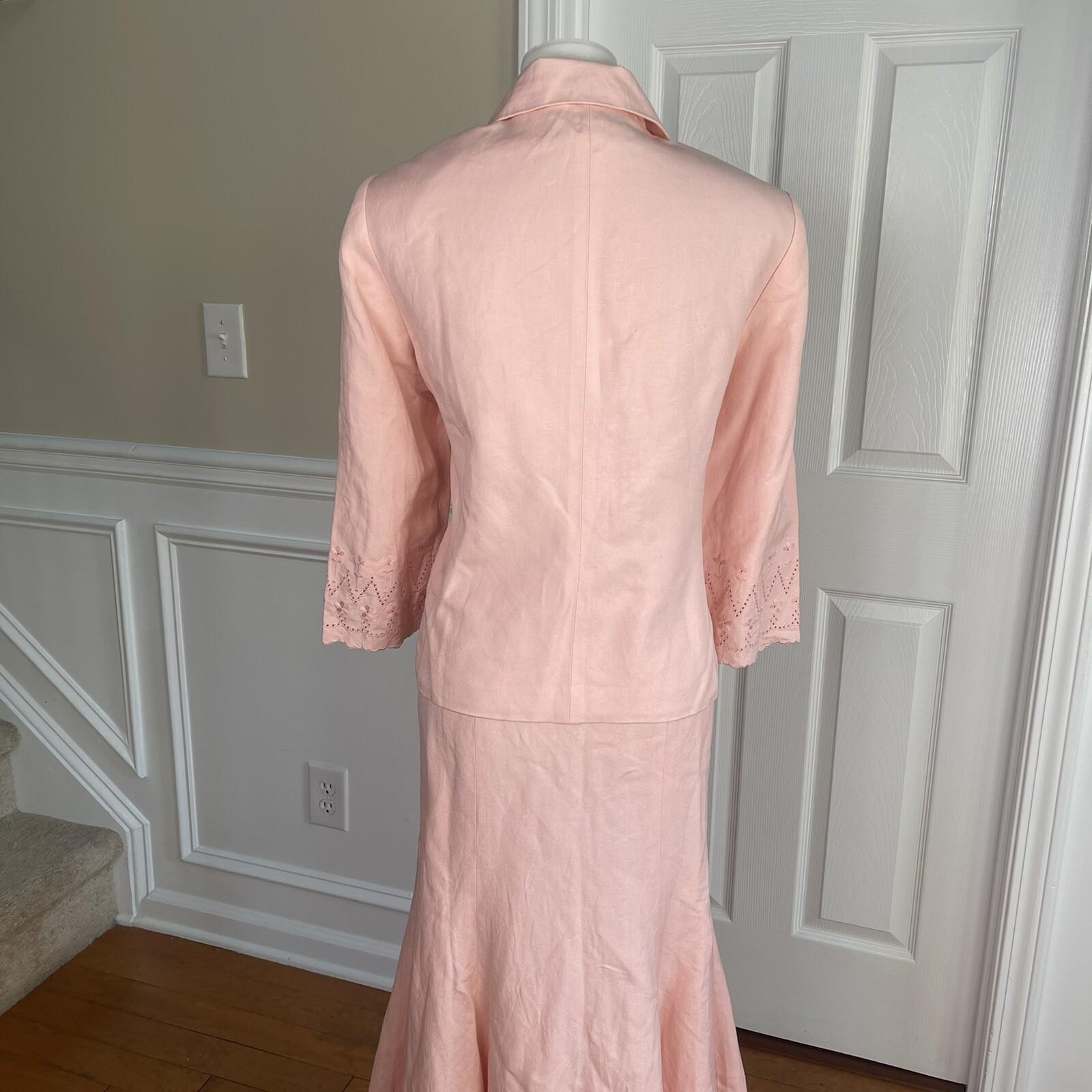 KASPER Rose Pink Linen Rayon Open Front Embroidered Skirt (Sz 10) Suit (Sz 12)
