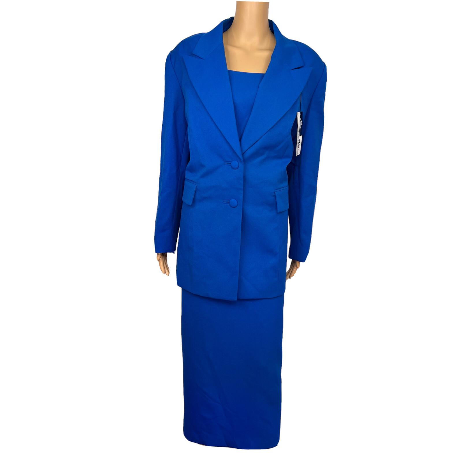 Ben Marc INT Polyester Metallic Skirt Suit Size 14 Blue Lined Faux Pockets 2PC