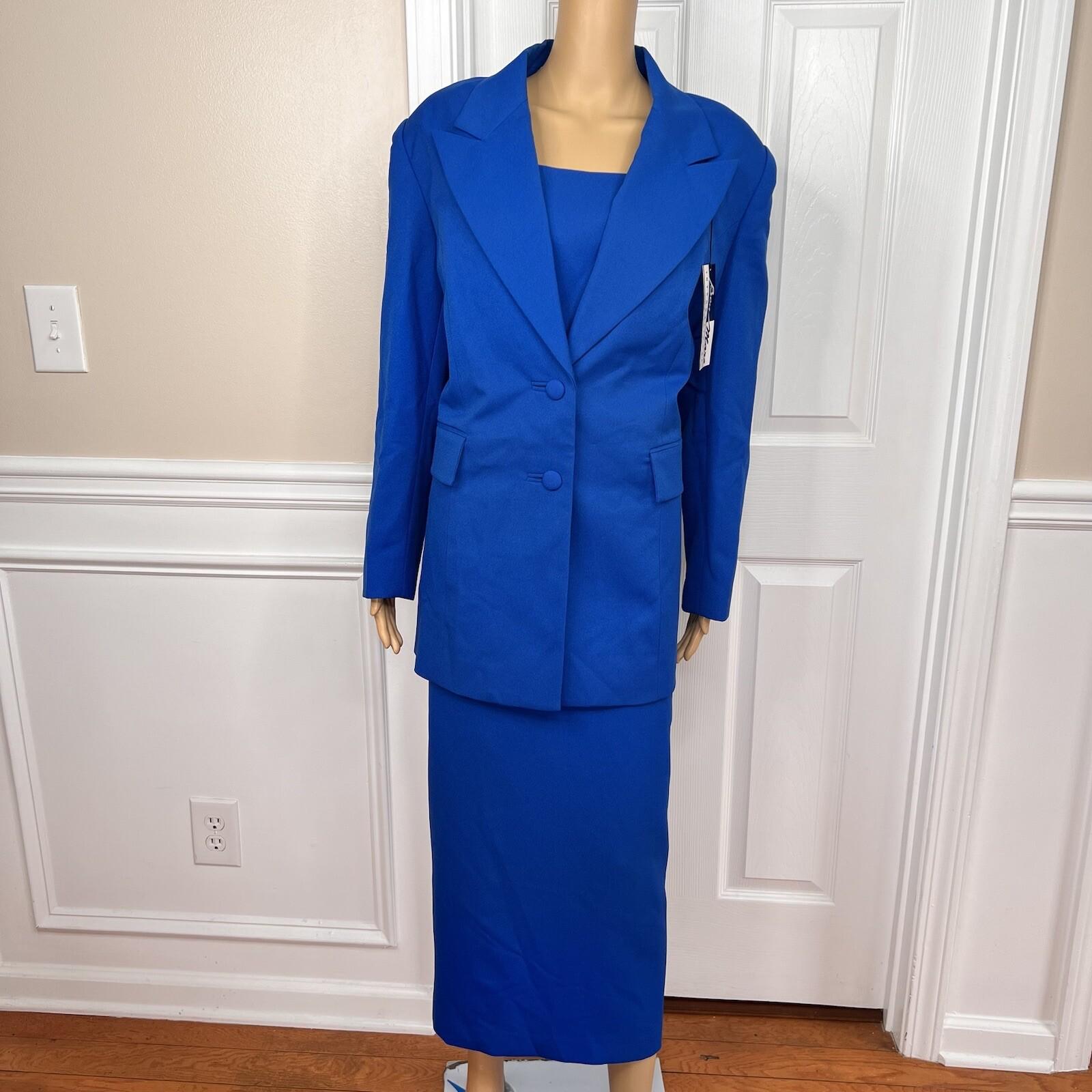 Ben Marc INT Polyester Metallic Skirt Suit Size 14 Blue Lined Faux Pockets 2PC