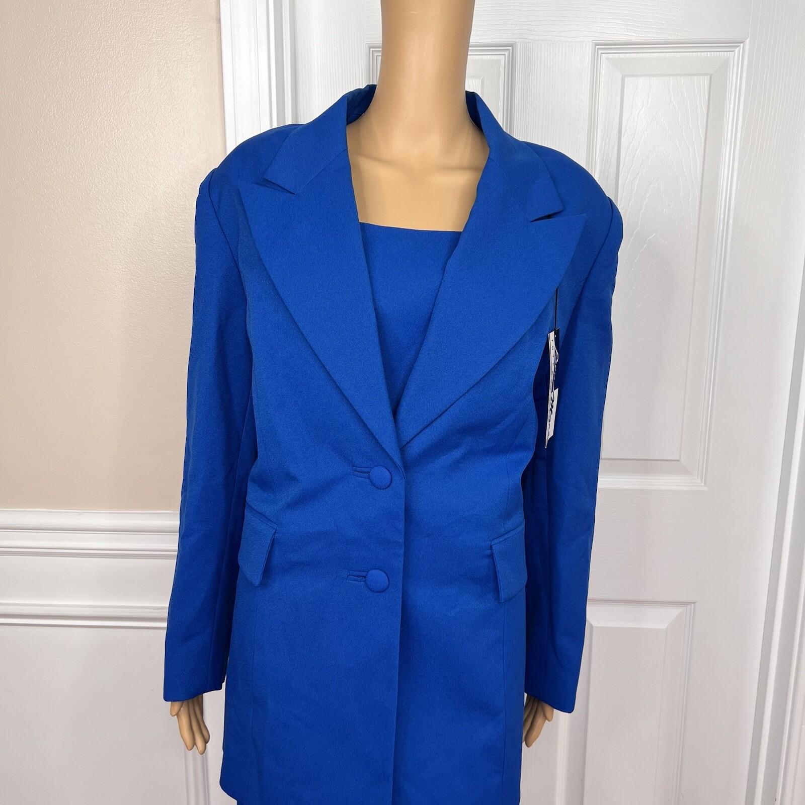 Ben Marc INT Polyester Metallic Skirt Suit Size 14 Blue Lined Faux Pockets 2PC