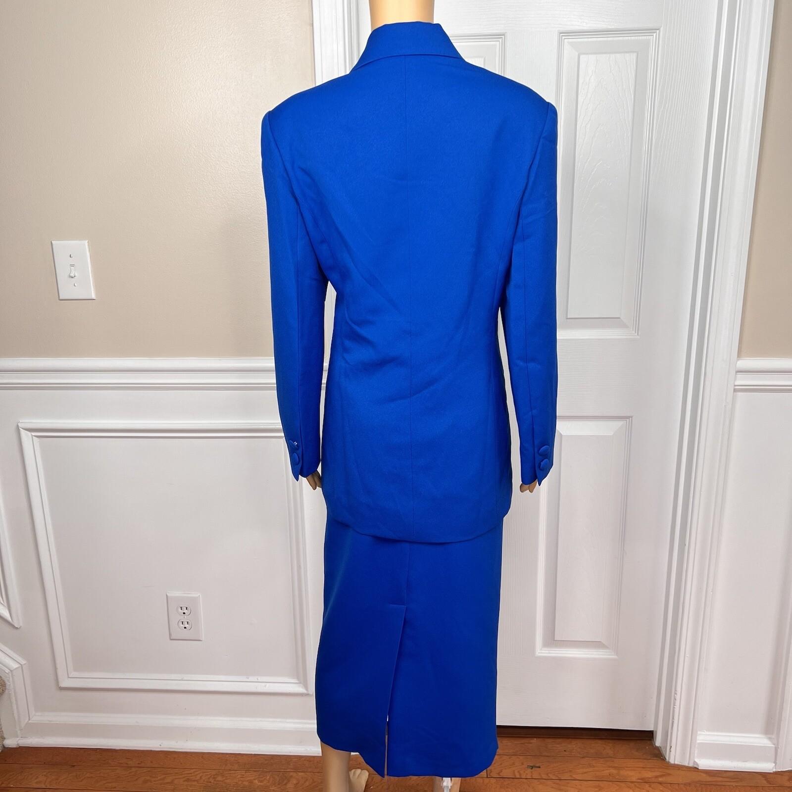 Ben Marc INT Polyester Metallic Skirt Suit Size 14 Blue Lined Faux Pockets 2PC