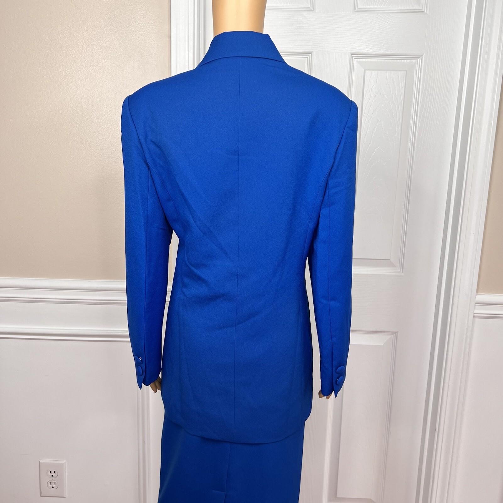 Ben Marc INT Polyester Metallic Skirt Suit Size 14 Blue Lined Faux Pockets 2PC