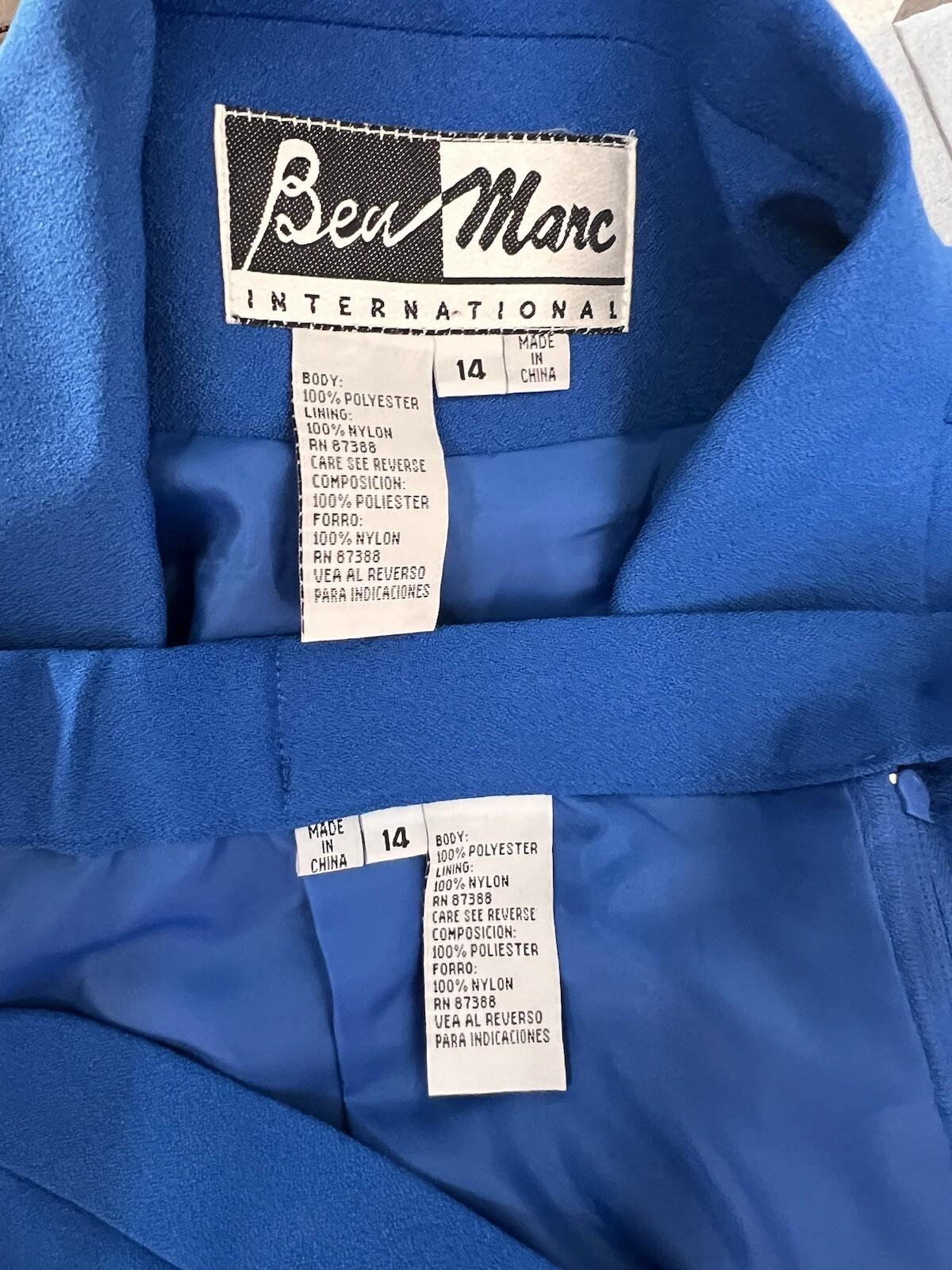 Ben Marc INT Polyester Metallic Skirt Suit Size 14 Blue Lined Faux Pockets 2PC