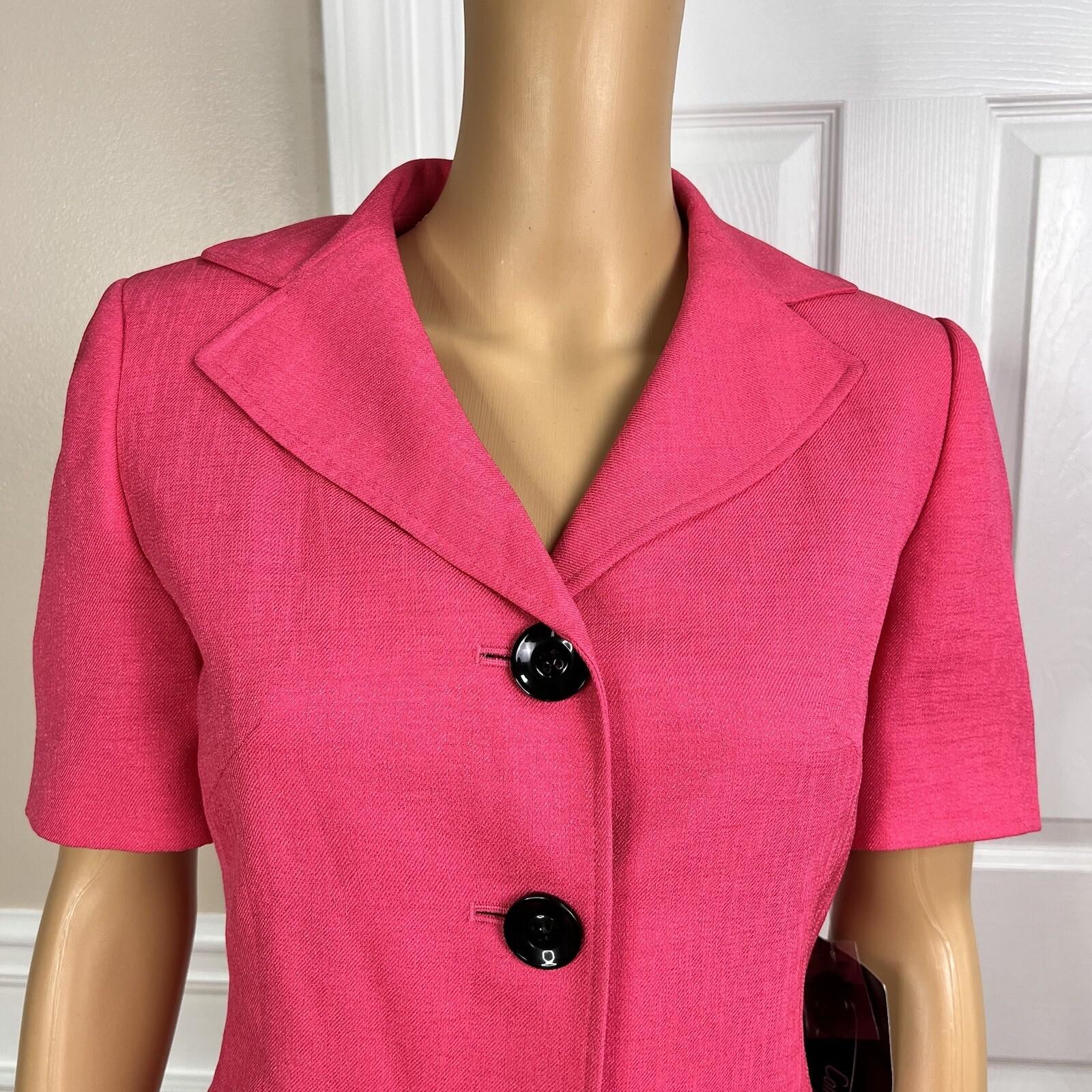Le Suit Women Polyester Pant Suit Size 6 Black Pink Lined Short Sleeves 2PC New