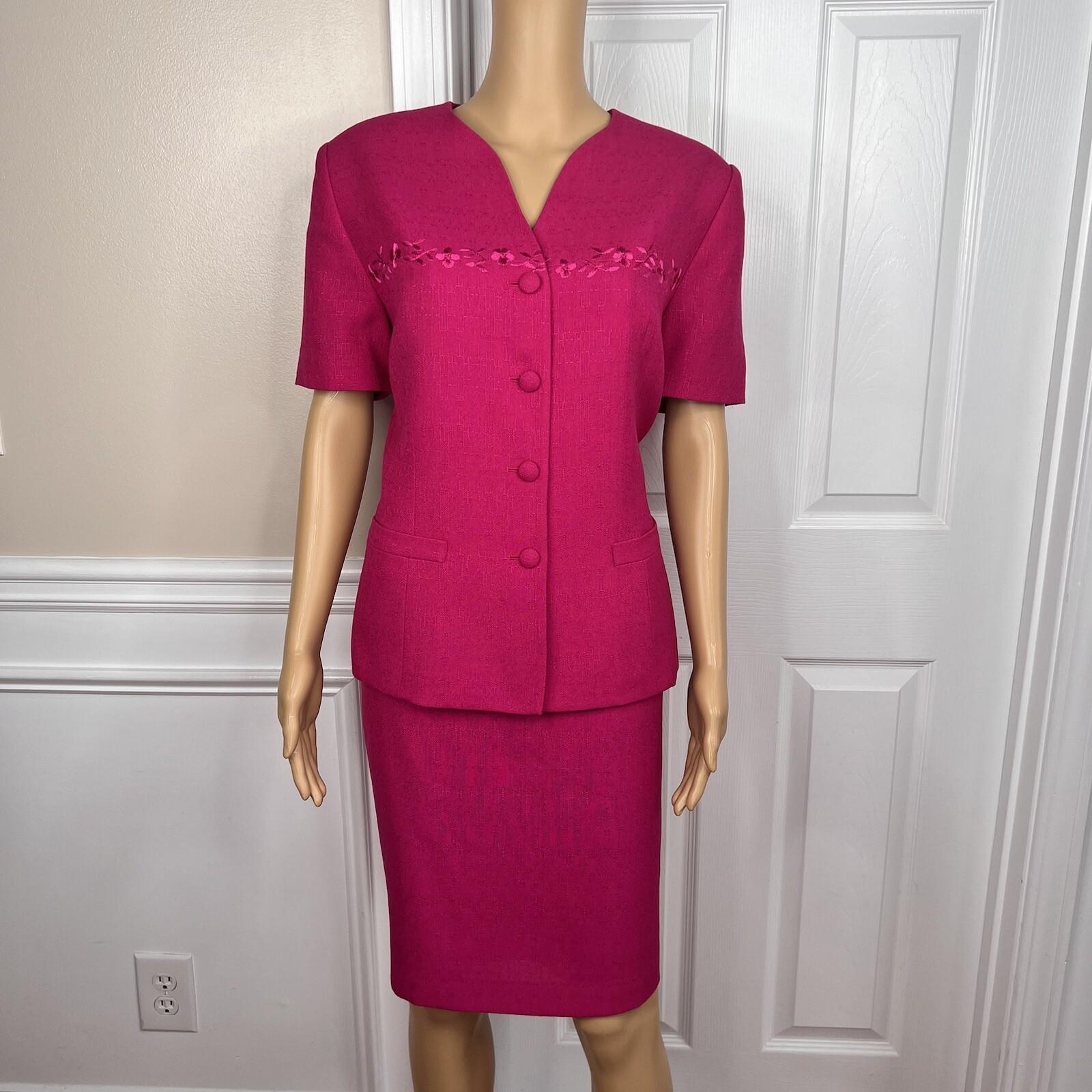 Kasper ASL Viscose Blend Skirt Suit 12 Pink Embroidered Lined Short Sleeve 2PC