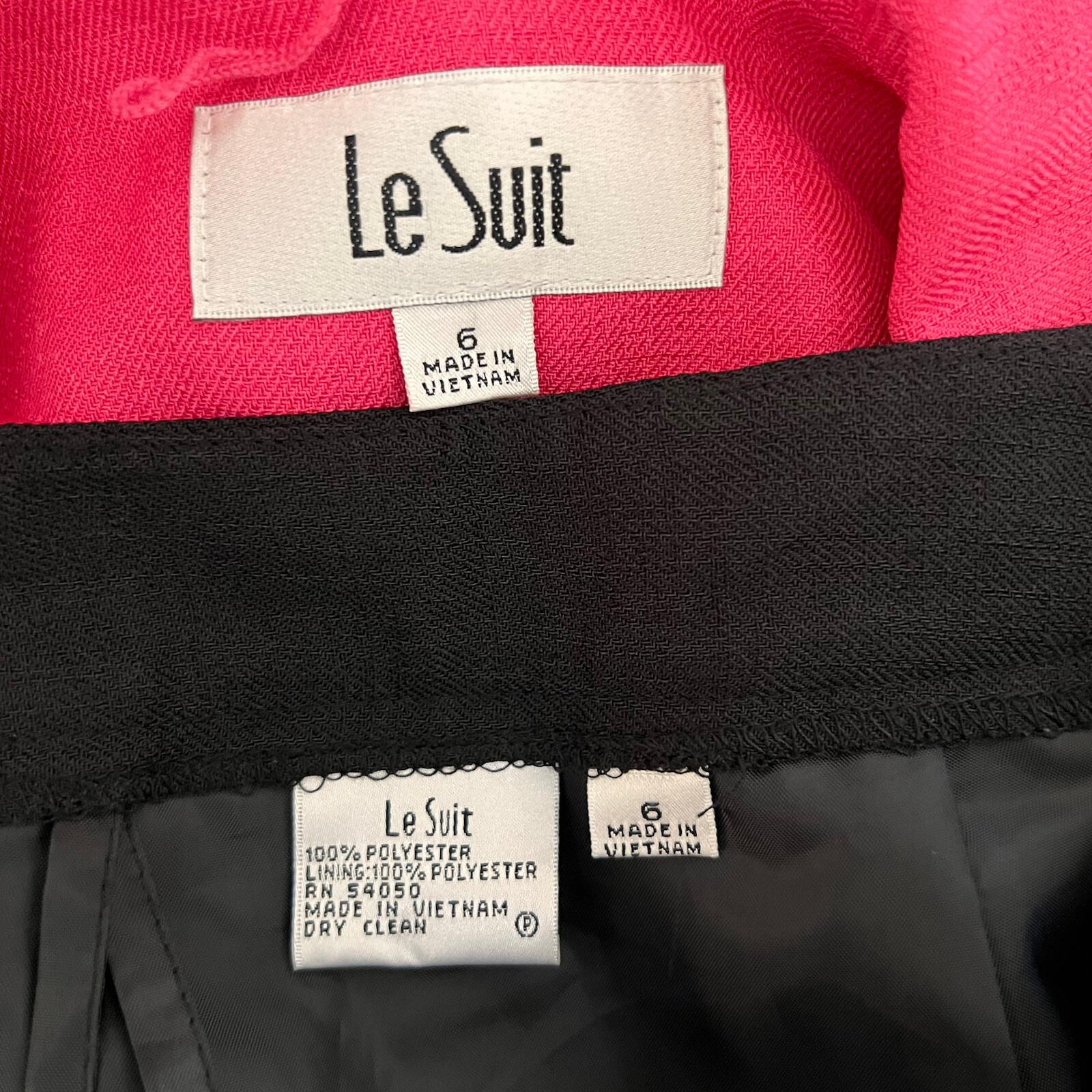 Le Suit Women Polyester Pant Suit Size 6 Black Pink Lined Short Sleeves 2PC New