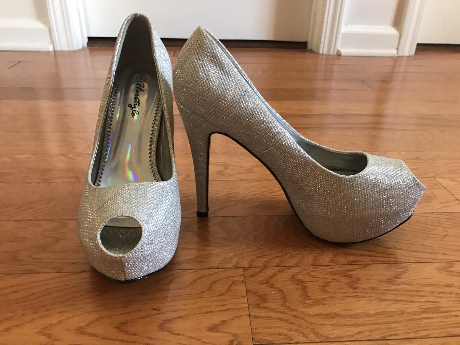 Her style Peep Toe Silver Pumps Size 9
