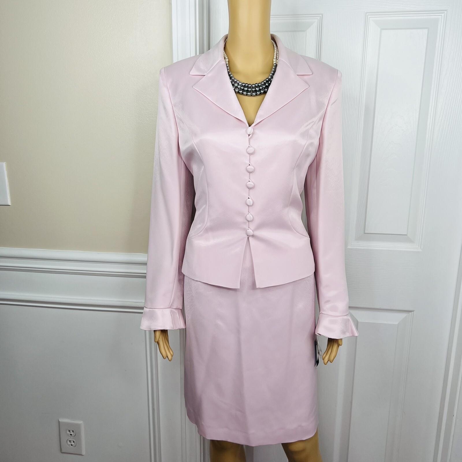 10-3921.jpg Le Suit Polyester Skirt Suit Size 10P Pink Notch Collar Bell Sleeves 2PC New