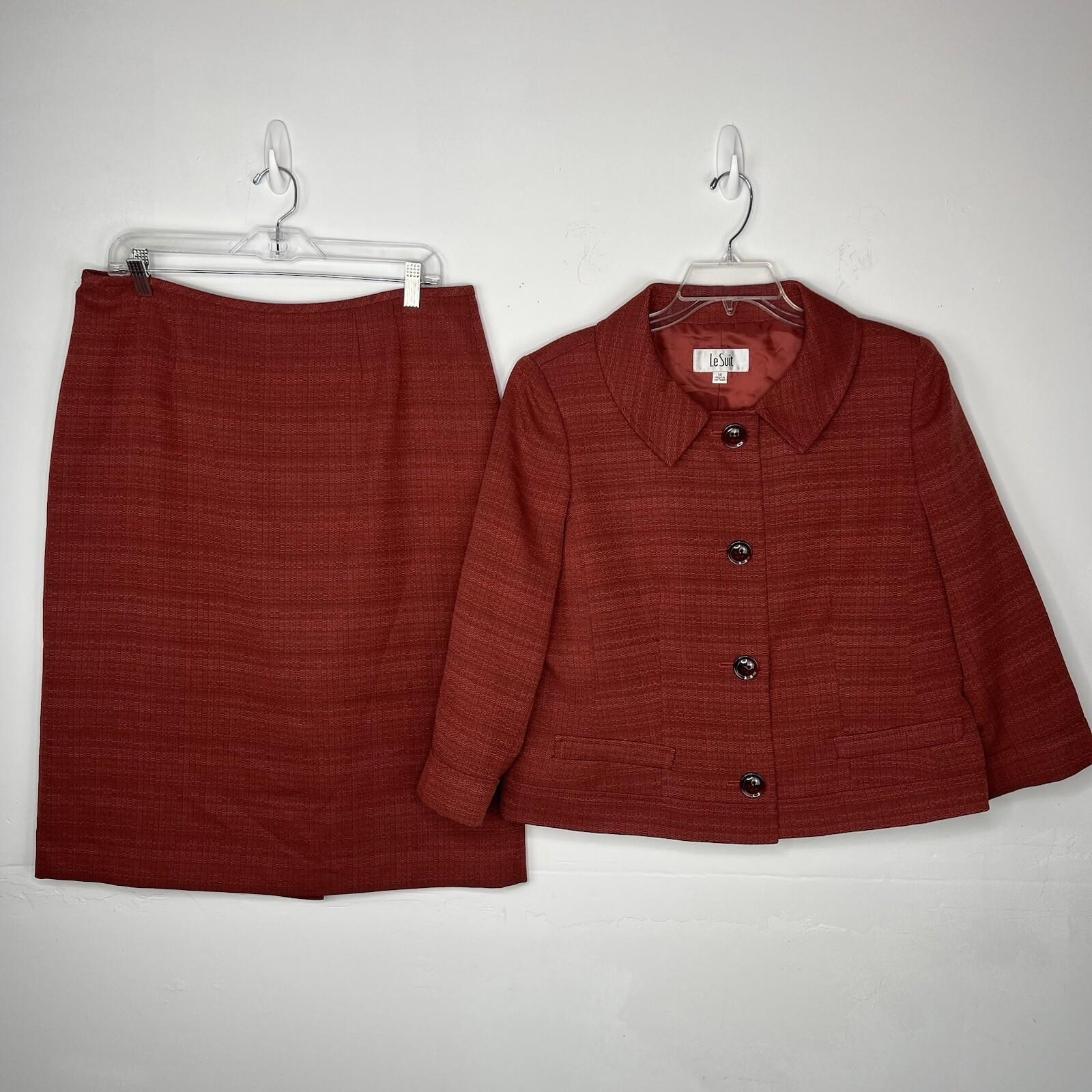 Le Suit Women Polyester Skirt Suit 14 Burnt Orange 3/4 Sleeves Textured 2PC