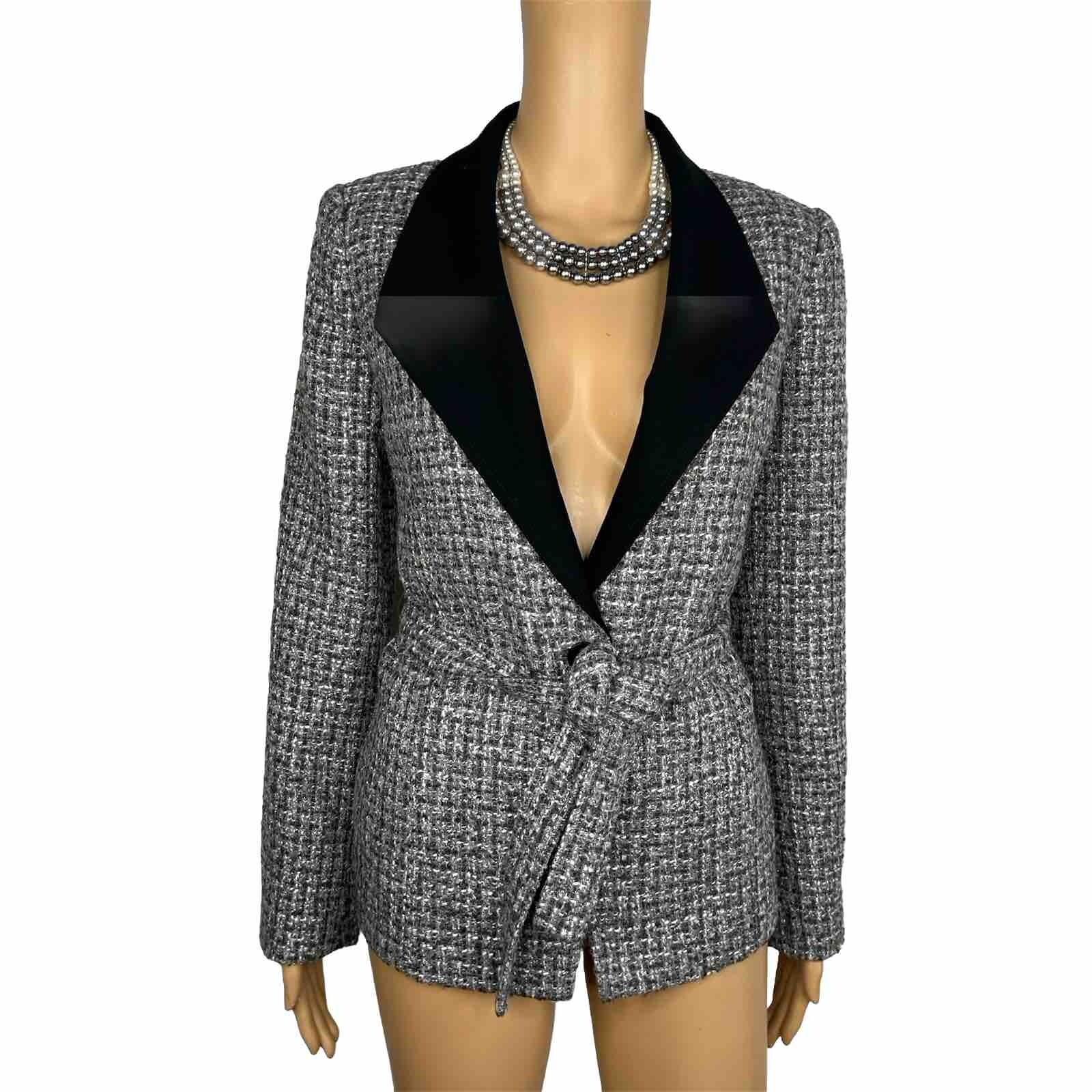 White House Black Market Tweed Blazer Size 6 Gray Black Metallic Belted New