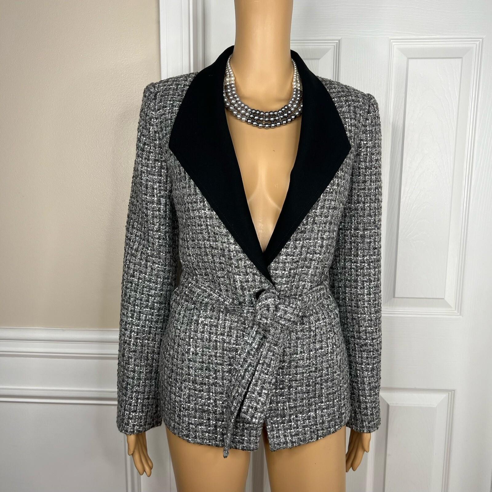 White House Black Market Tweed Blazer Size 6 Gray Black Metallic Belted New