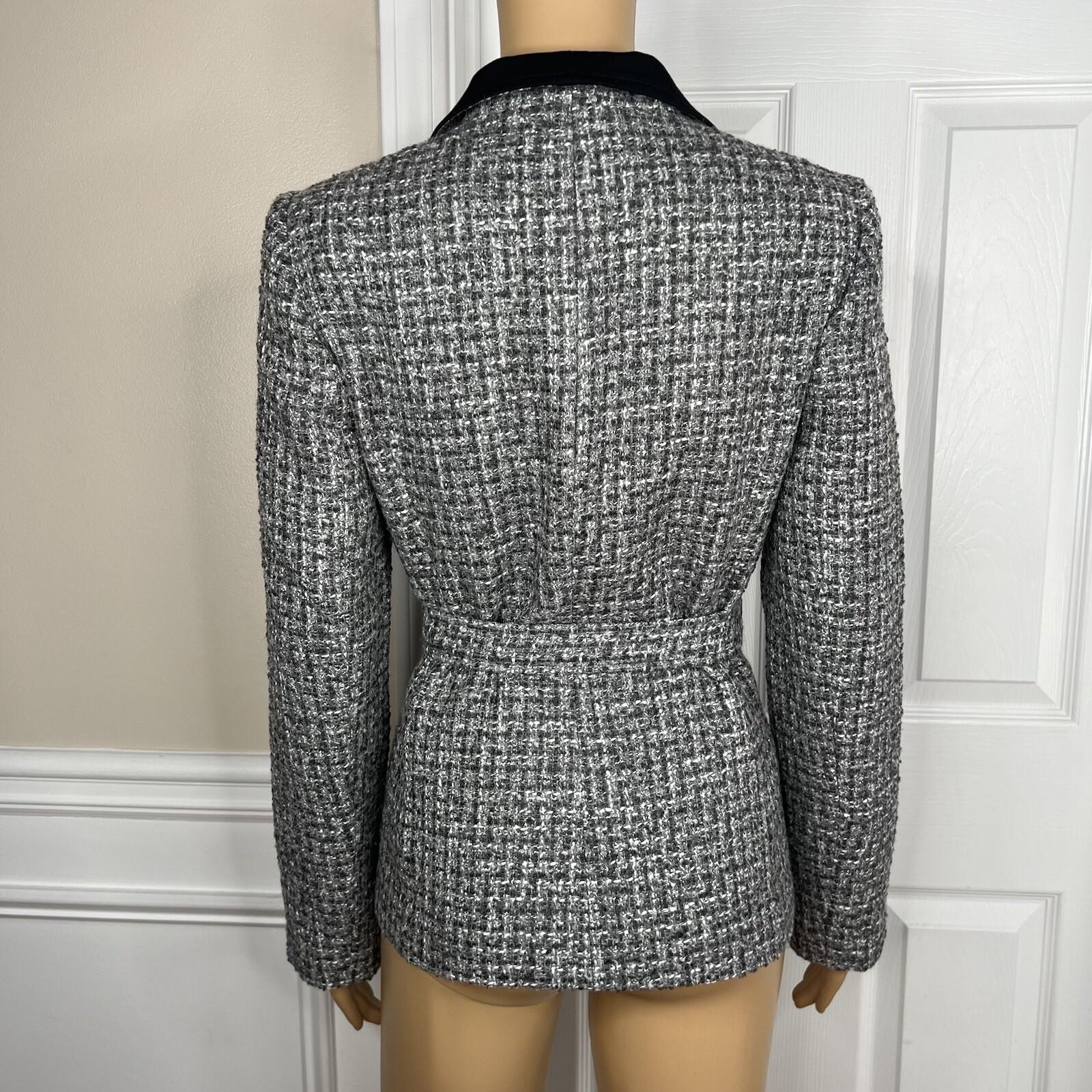 White House Black Market Tweed Blazer Size 6 Gray Black Metallic Belted New