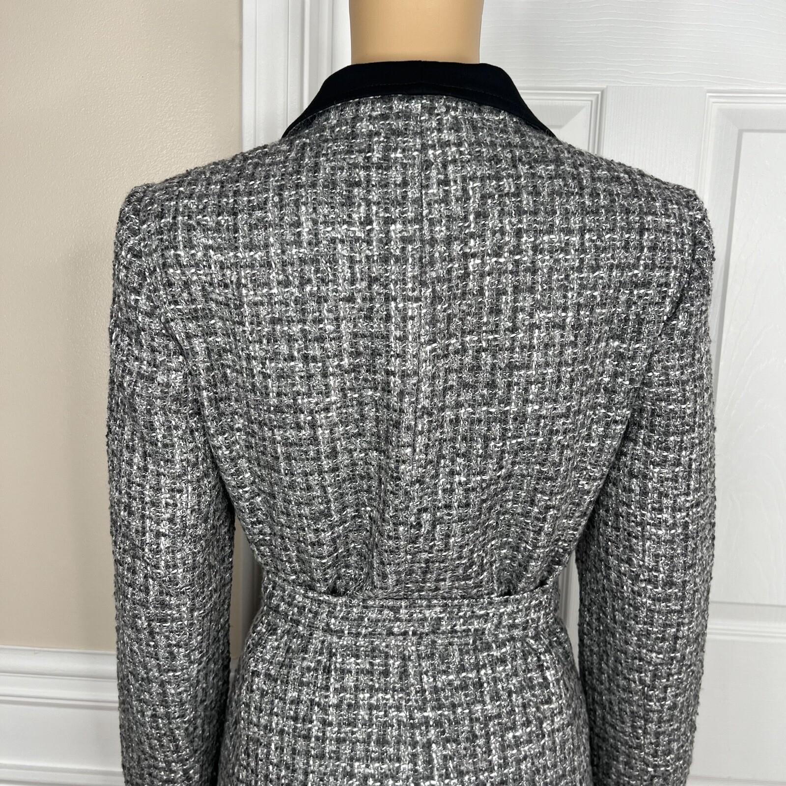 White House Black Market Tweed Blazer Size 6 Gray Black Metallic Belted New